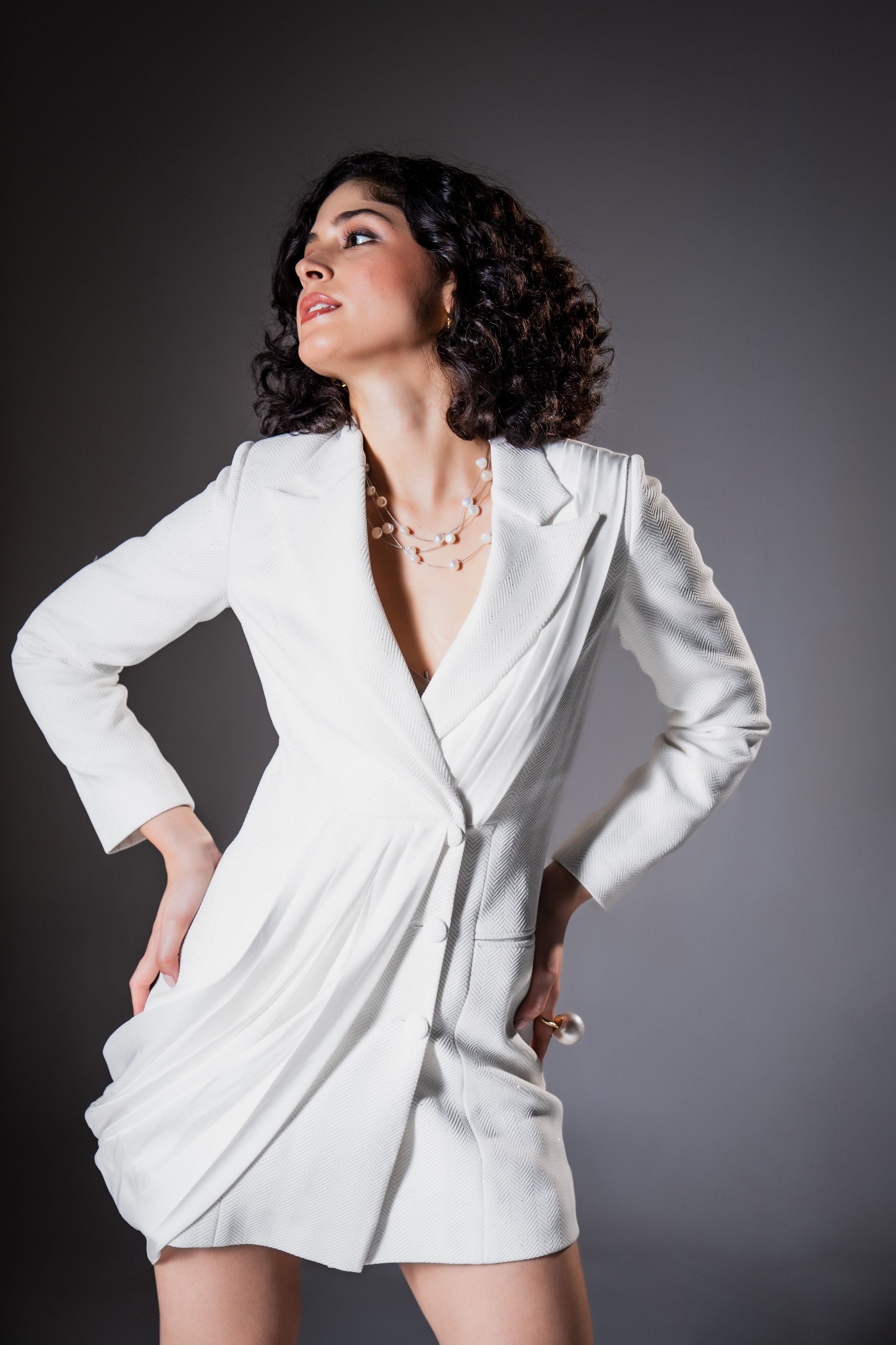 White Shimmer Draped Blazer Dress