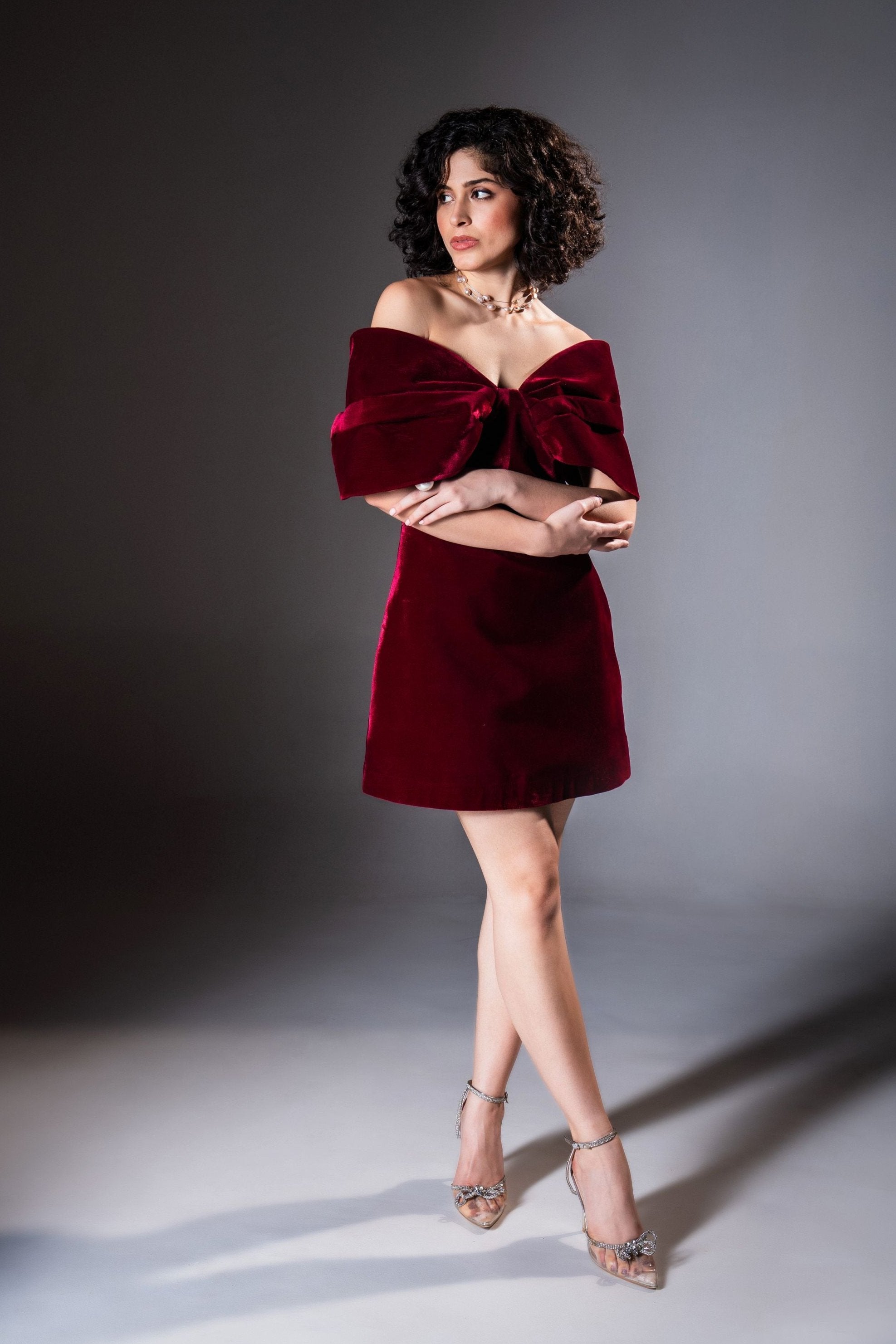 Wine Velvet Exaggerated Shoulder Mini Dress