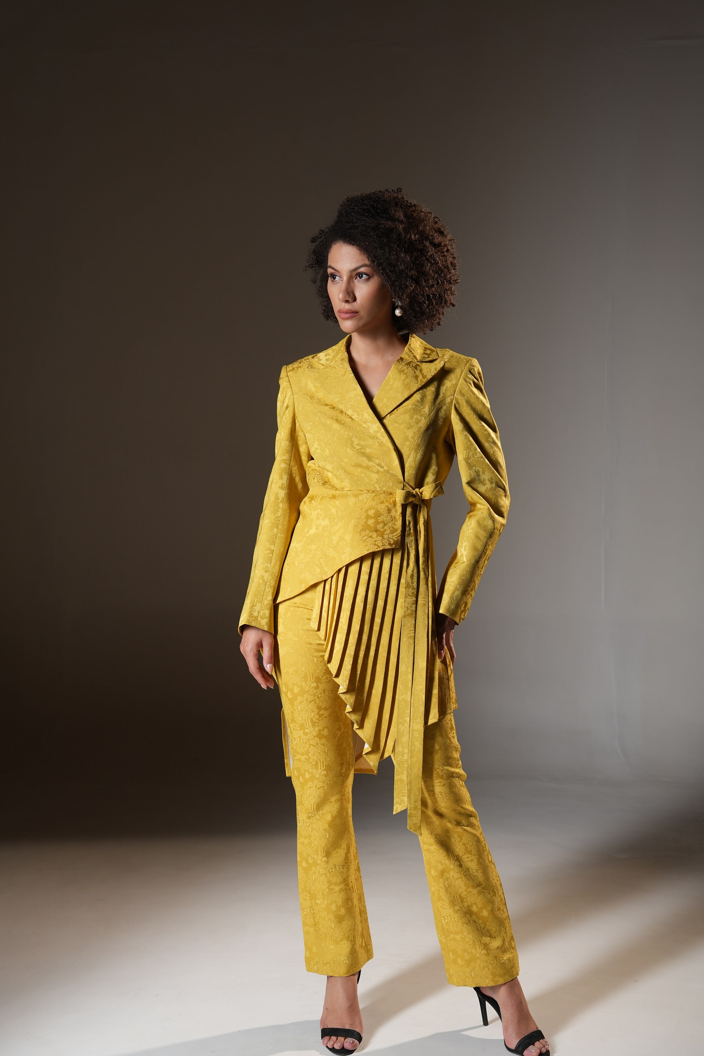 Mustard Wrap Style Asymmetric Pleated Blazer with Bootcut Pants ( Set of 2 )