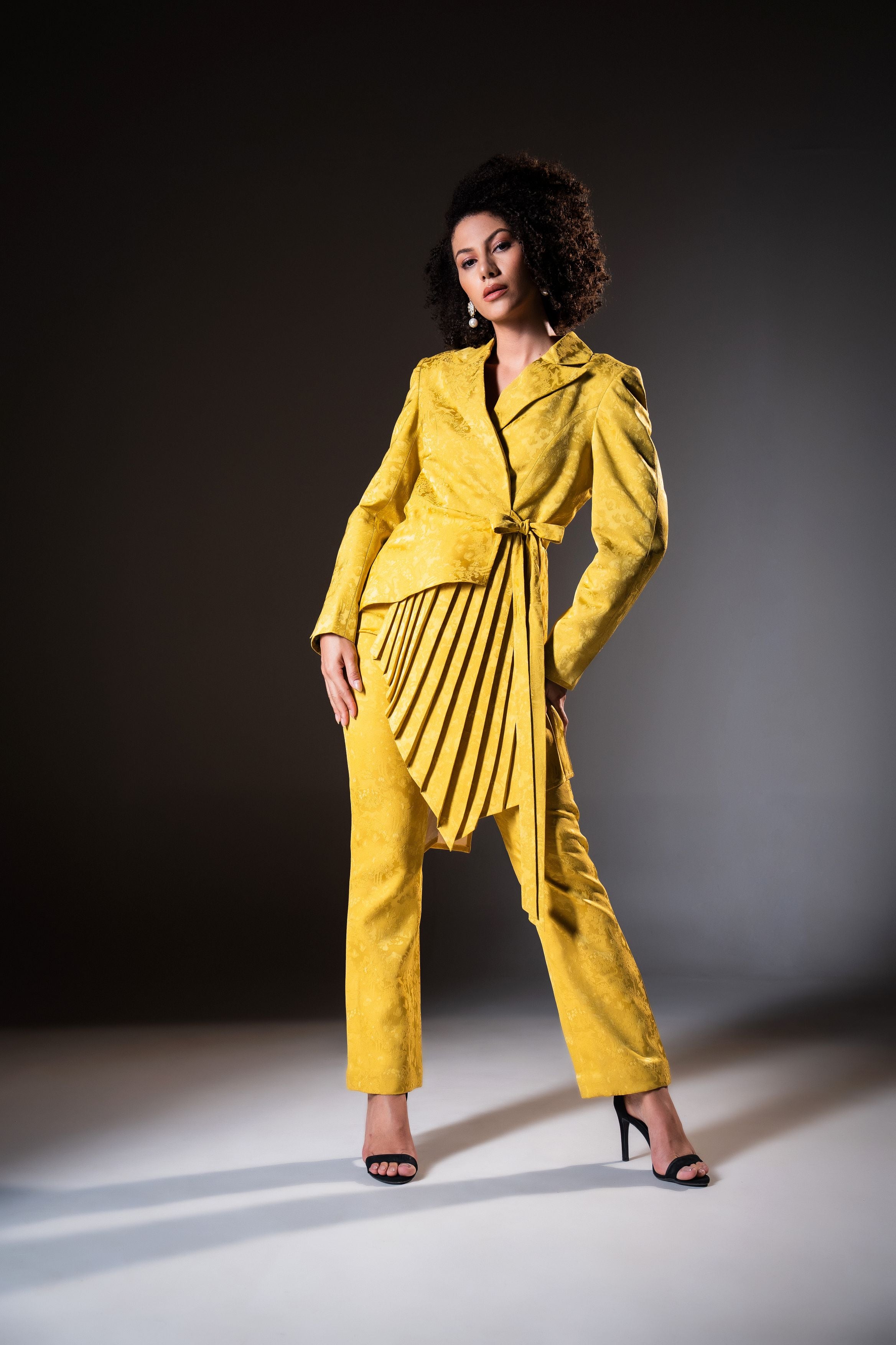 Mustard Wrap Style Asymmetric Pleated Blazer with Bootcut Pants ( Set of 2 )