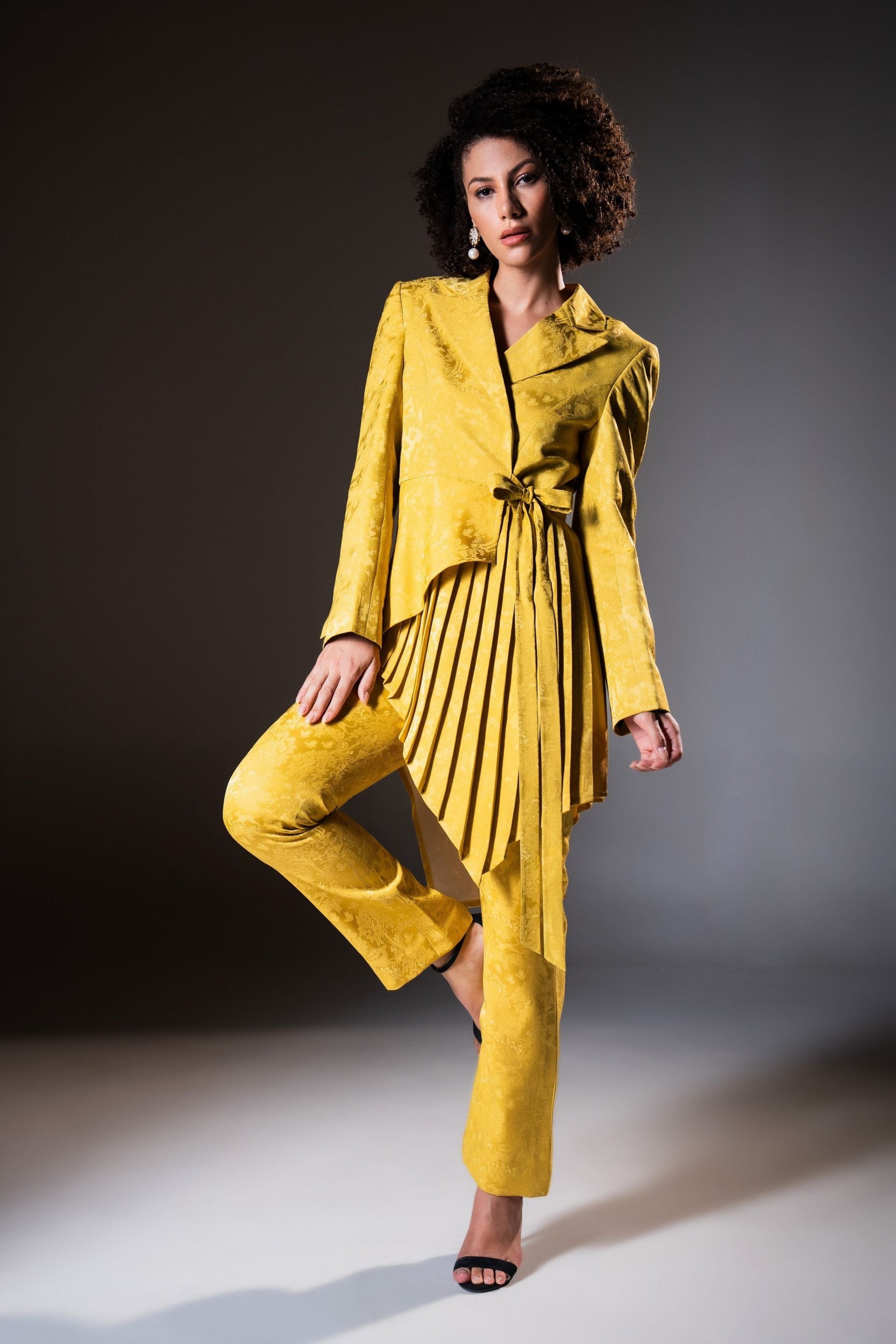 Mustard Wrap Style Asymmetric Pleated Blazer with Bootcut Pants ( Set of 2 )