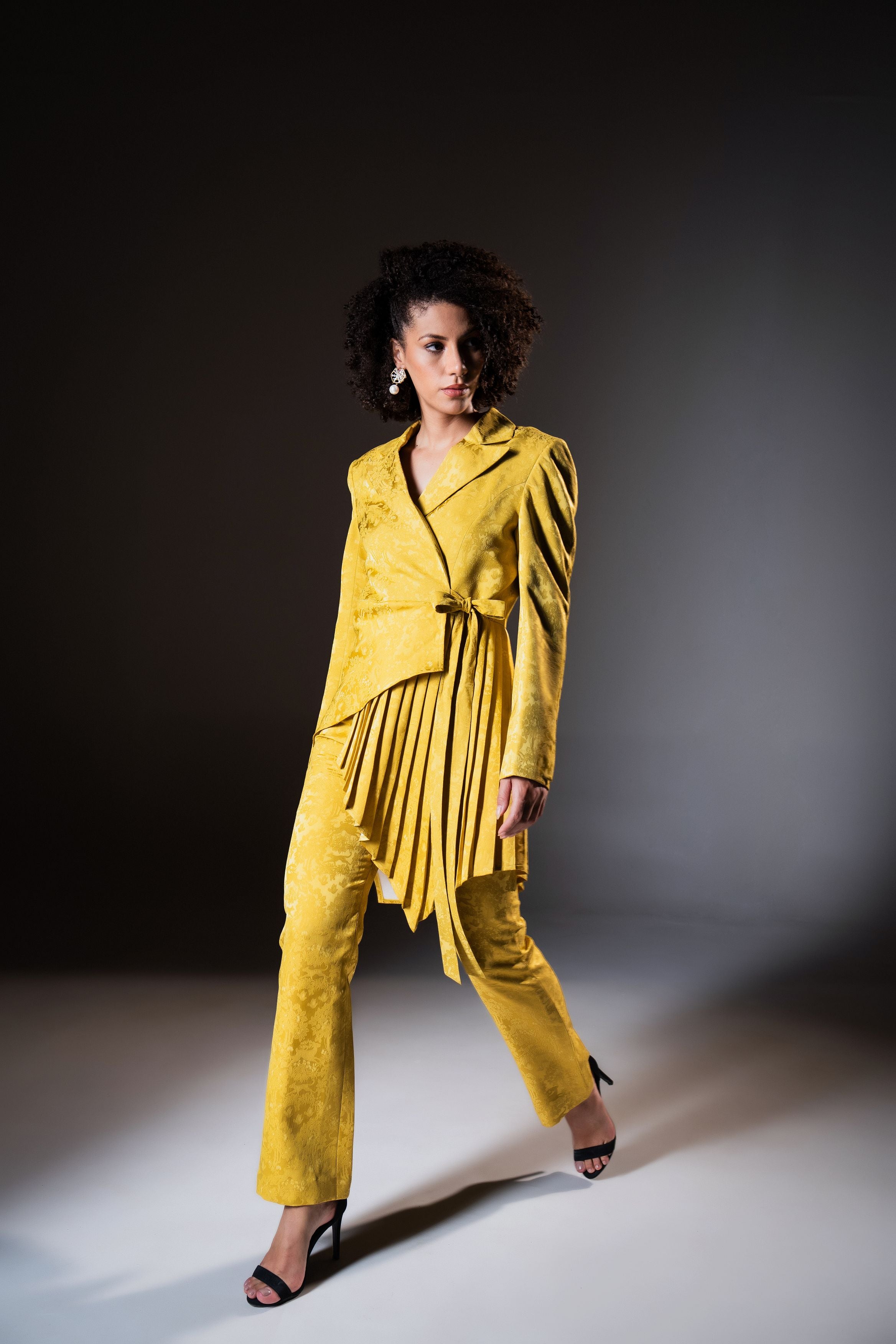 Mustard Wrap Style Asymmetric Pleated Blazer with Bootcut Pants ( Set of 2 )