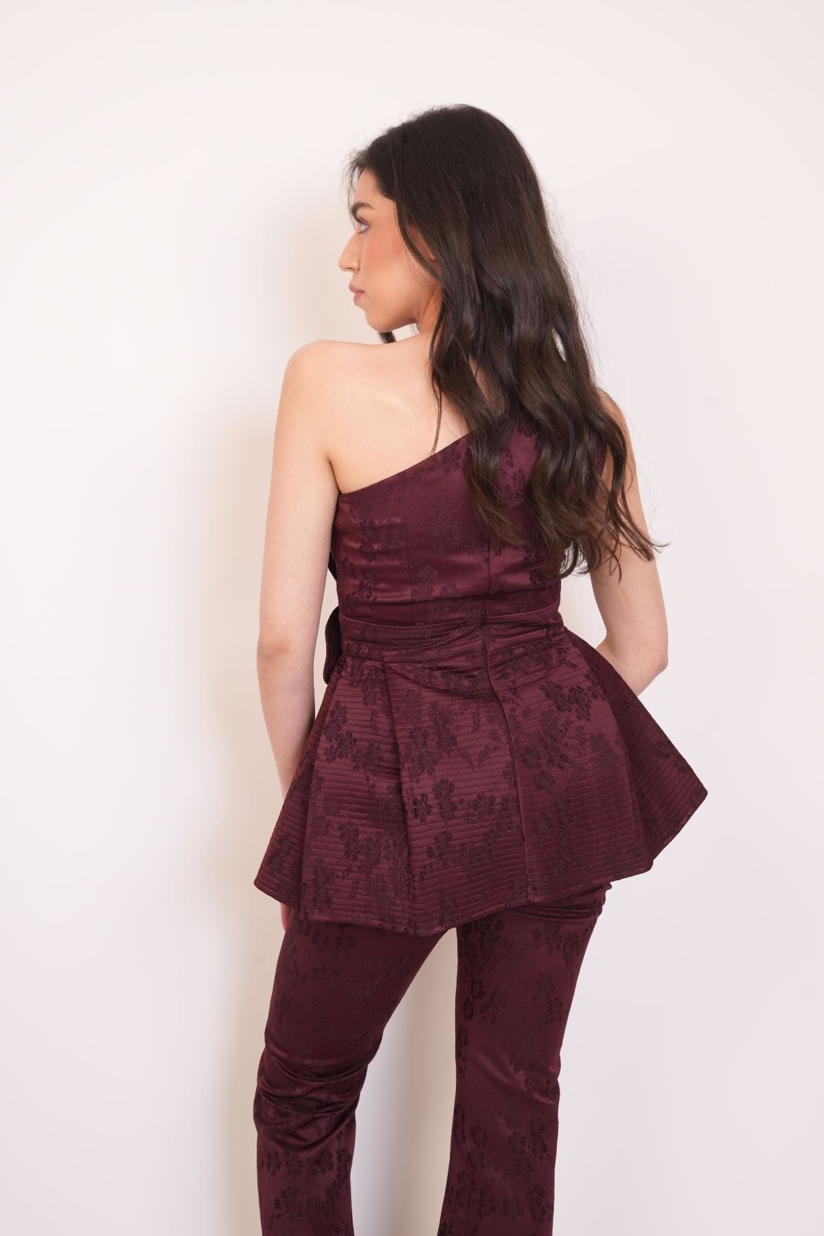 One Shoulder Pleated Asymmetric Top with Pants ( Set of 2 ) - Wine