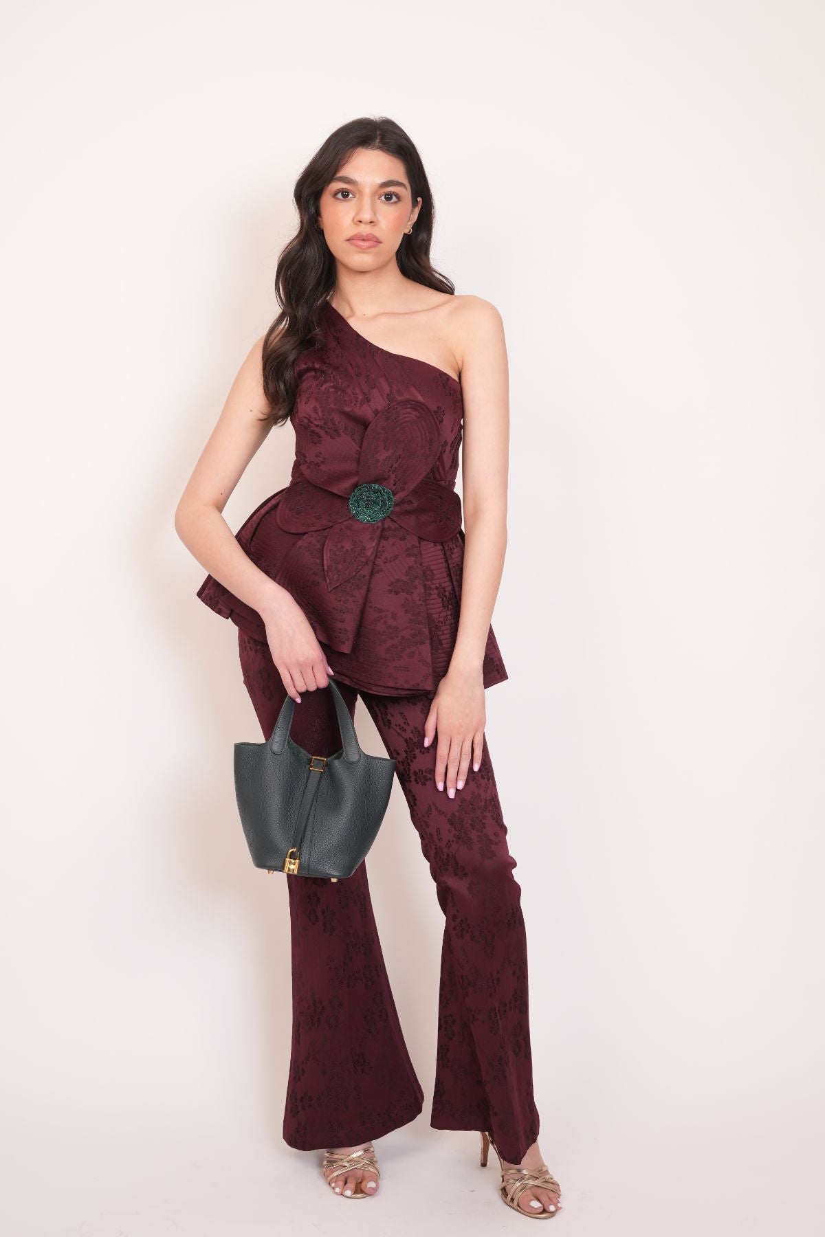 One Shoulder Pleated Asymmetric Top with Pants ( Set of 2 ) - Wine