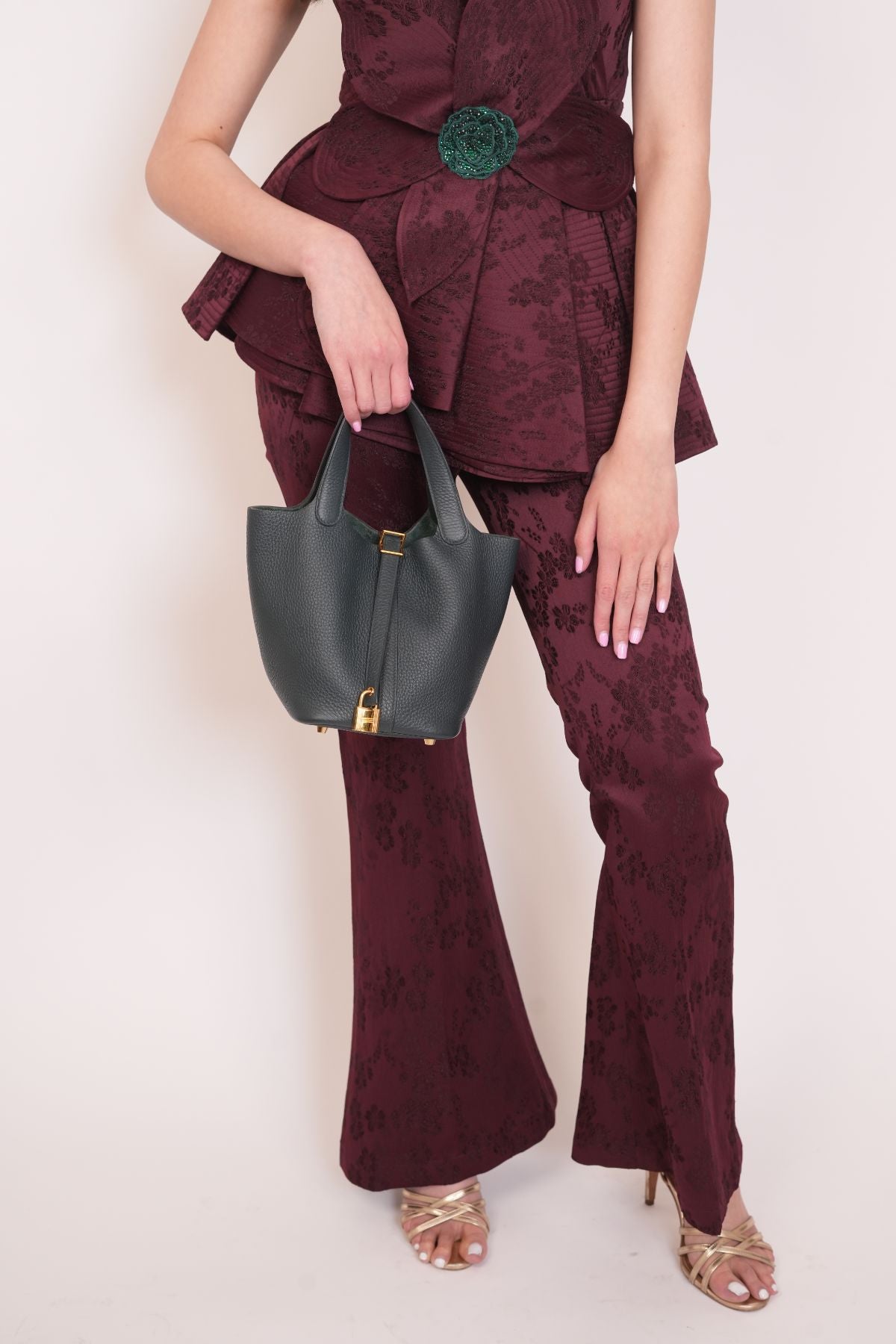 One Shoulder Pleated Asymmetric Top with Pants ( Set of 2 ) - Wine