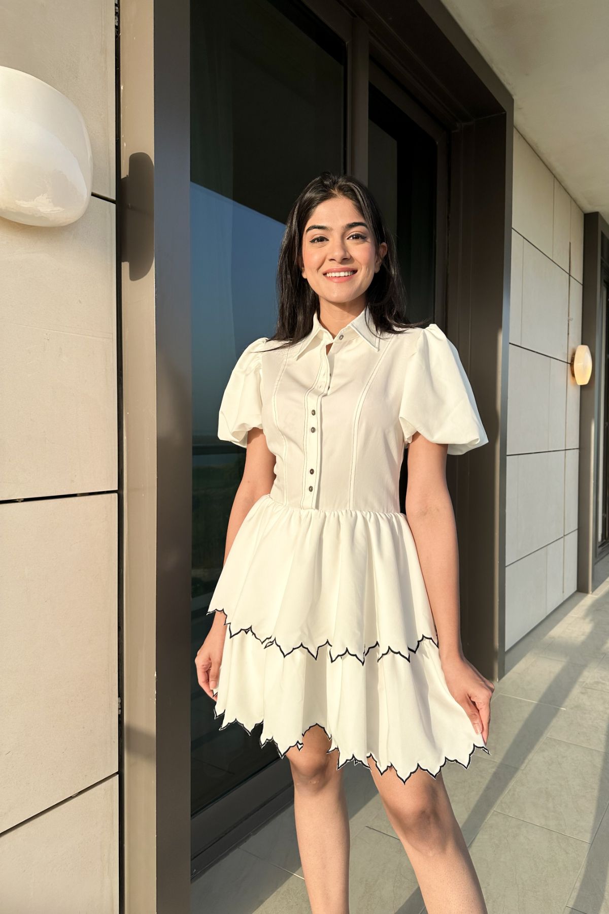 White Twin Tier Edgy Scallop Mini Dress