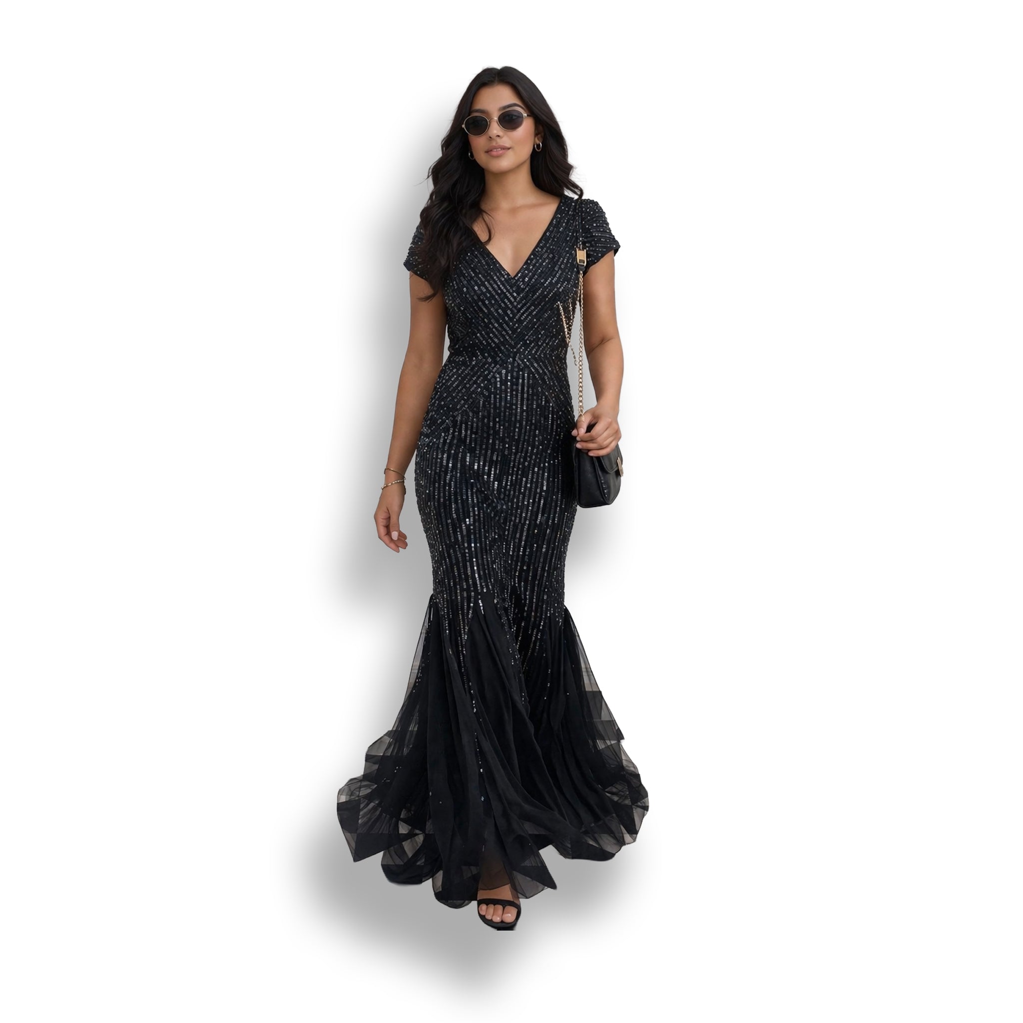 Black Hand Embroidered Sequins Fish Tail Gown