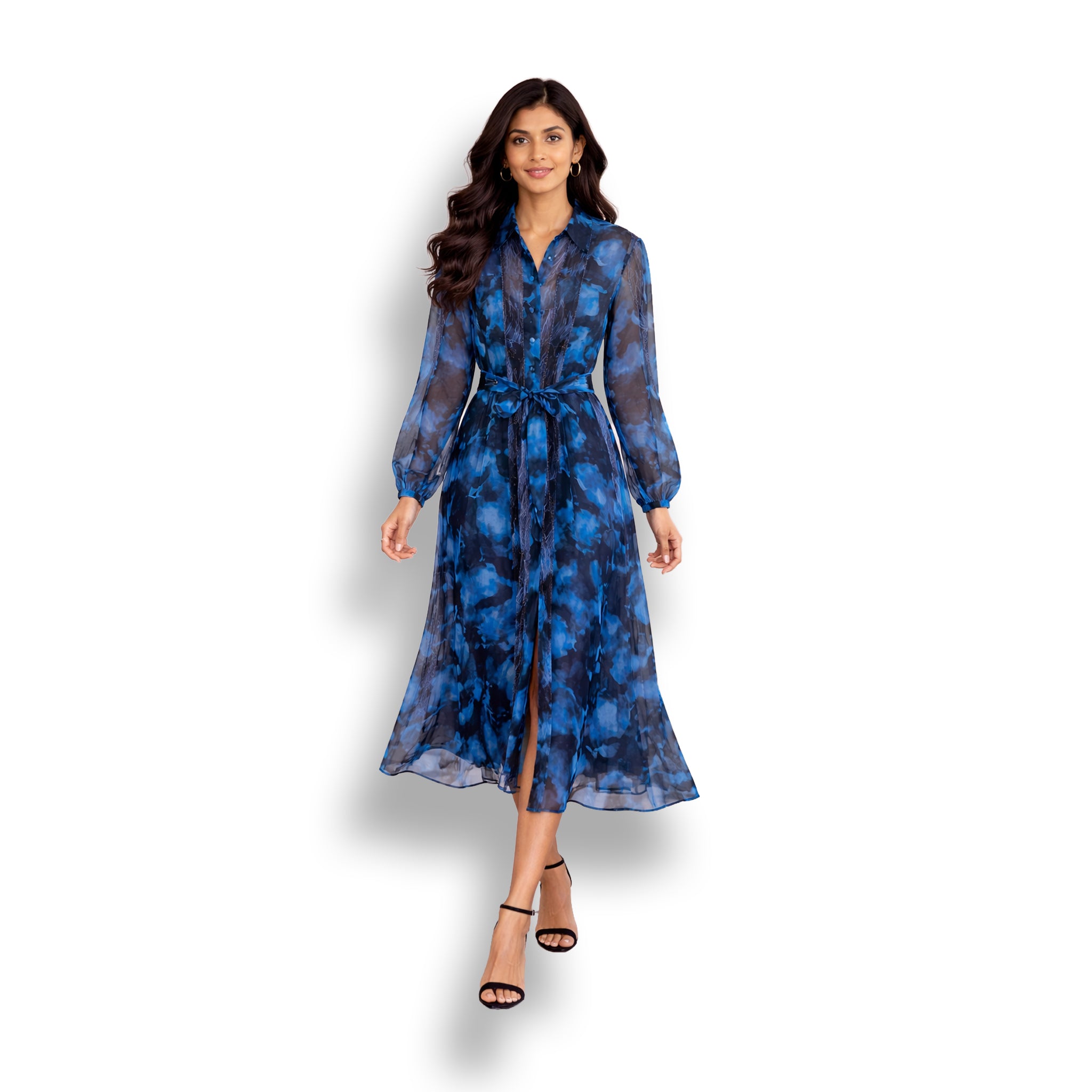 Blue abstract print chantily lace panels long dress