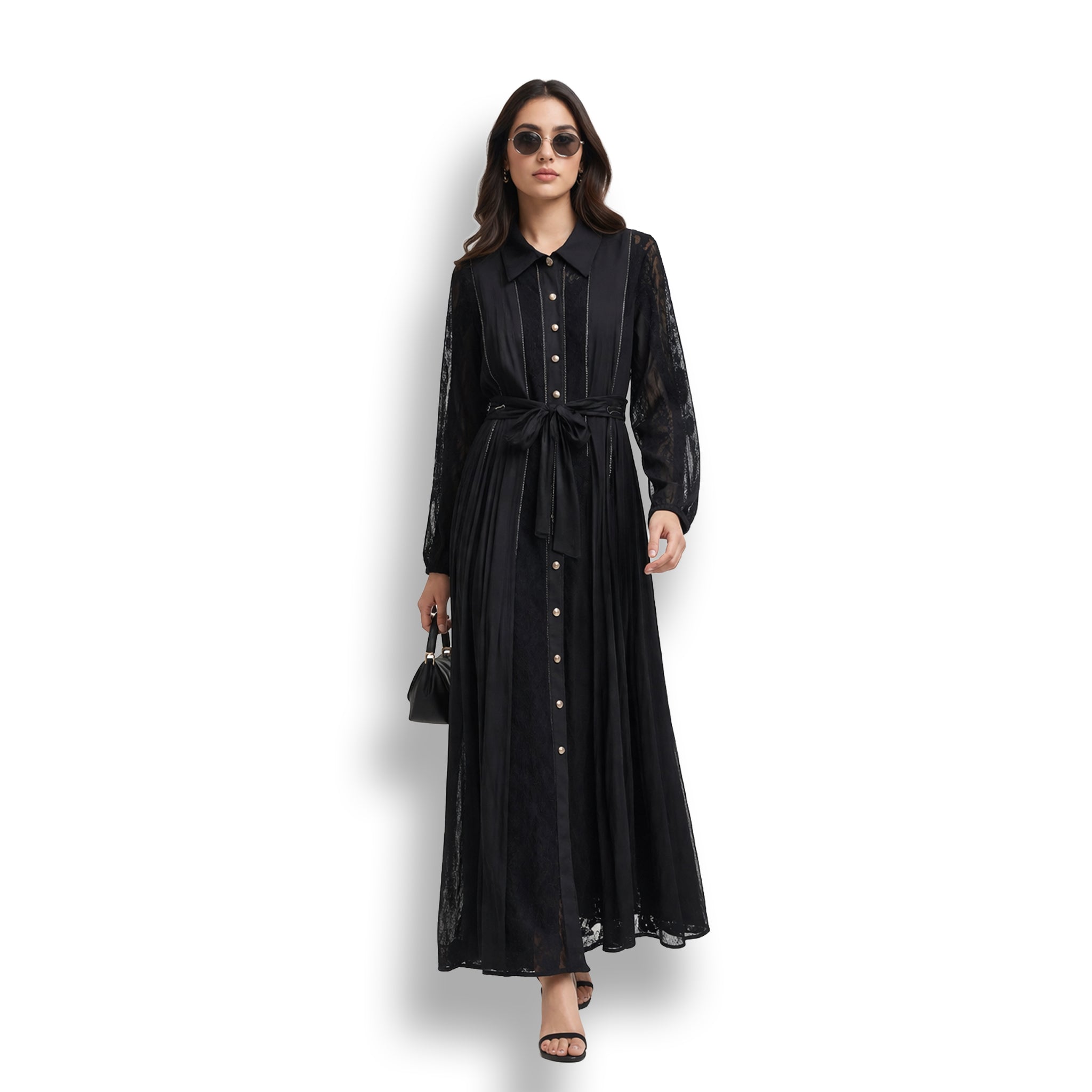 Black lace panel long dress