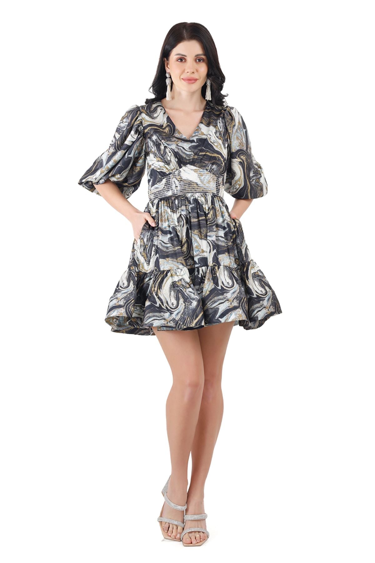 Marble Print Satin Skater Mini Dress