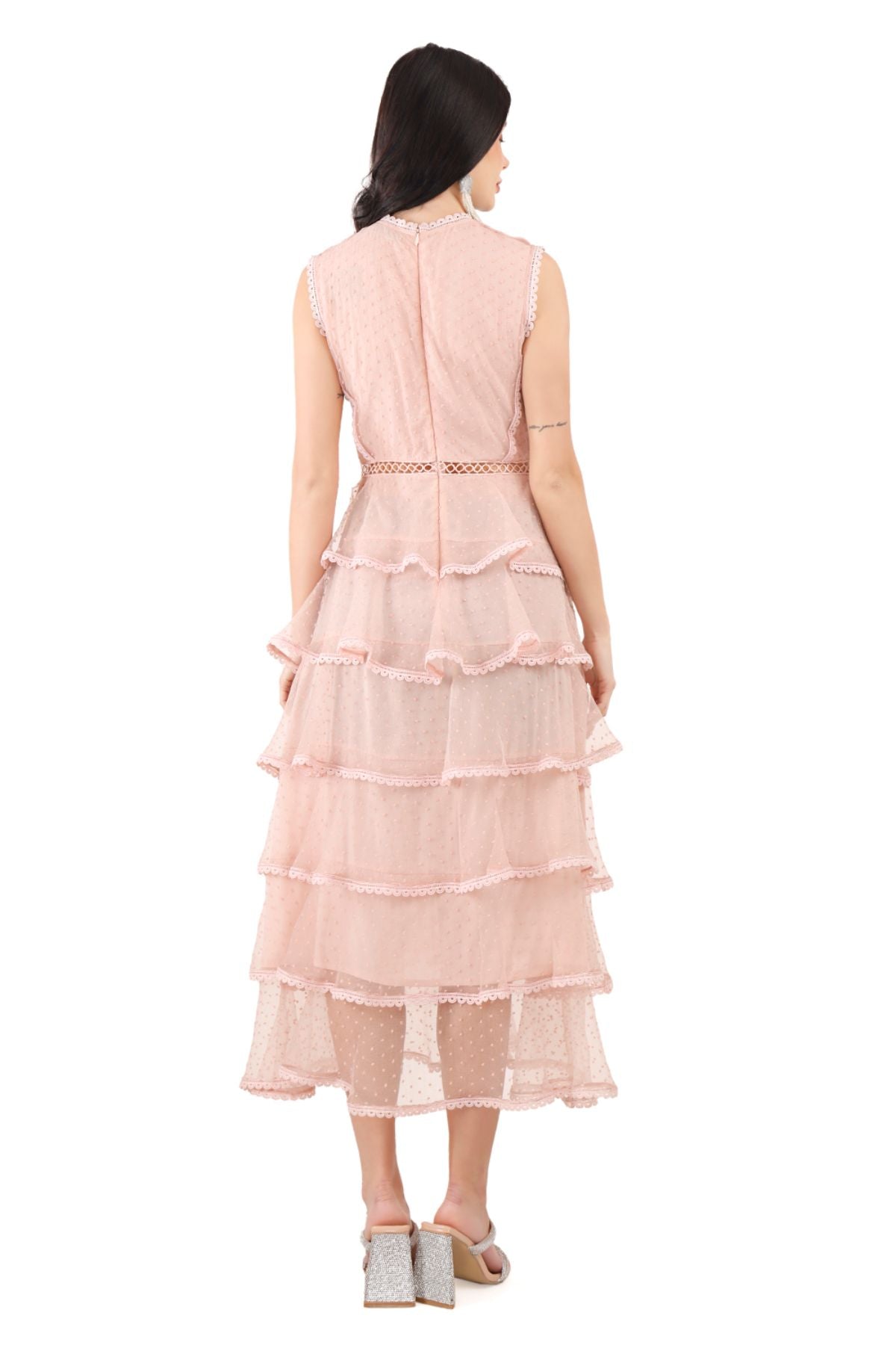 Sleeveless Tiered Scallop Hem Midi Dress in Peach