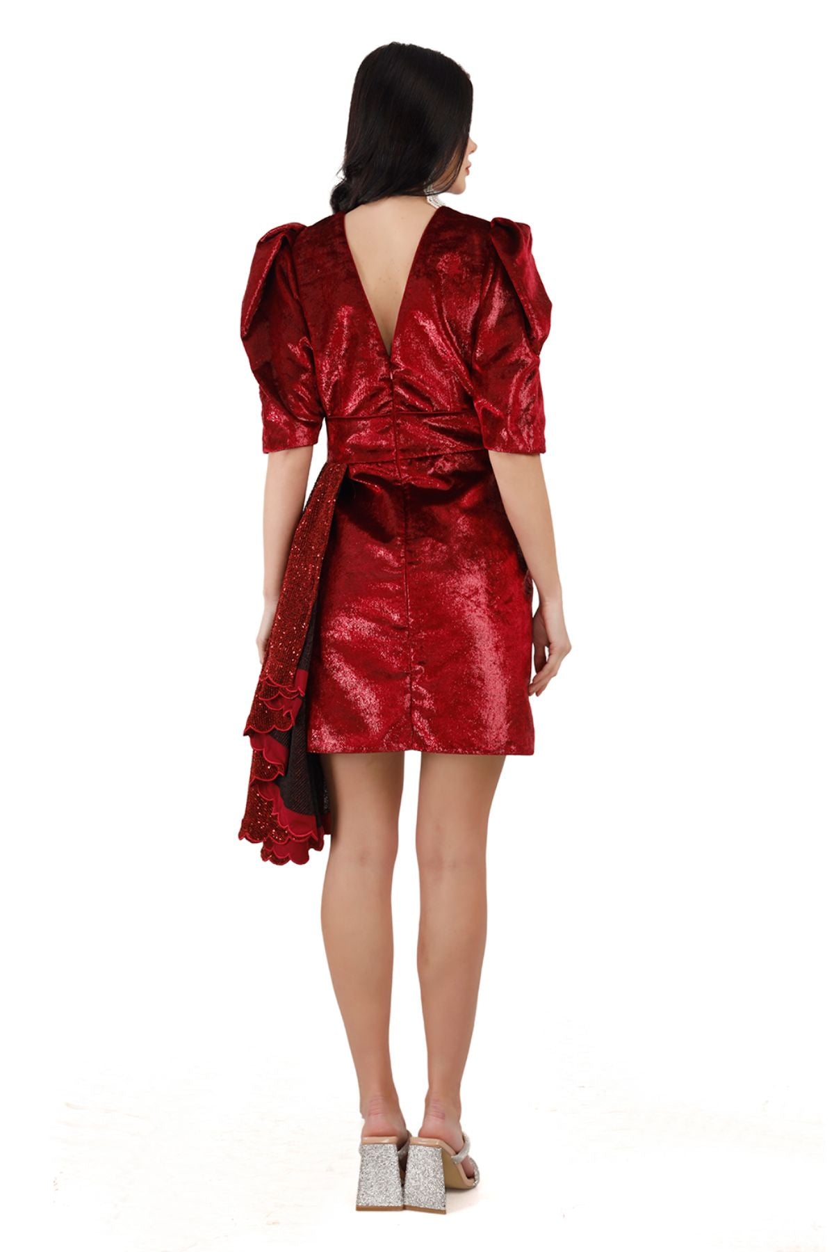 Red Sequin Draped Mini Dress