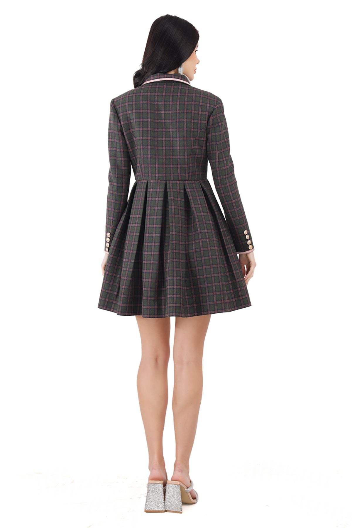 Peter pan Collar Pleated Coat Dress ( Green  Check)