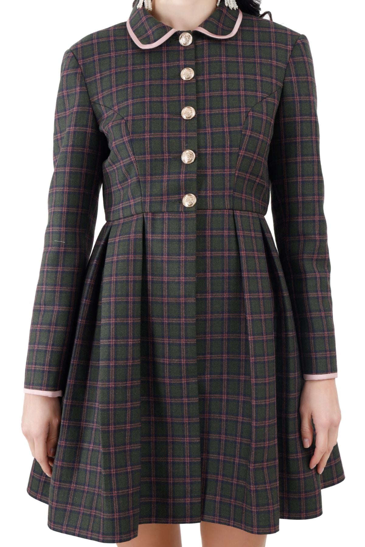 Peter pan Collar Pleated Coat Dress ( Green  Check)