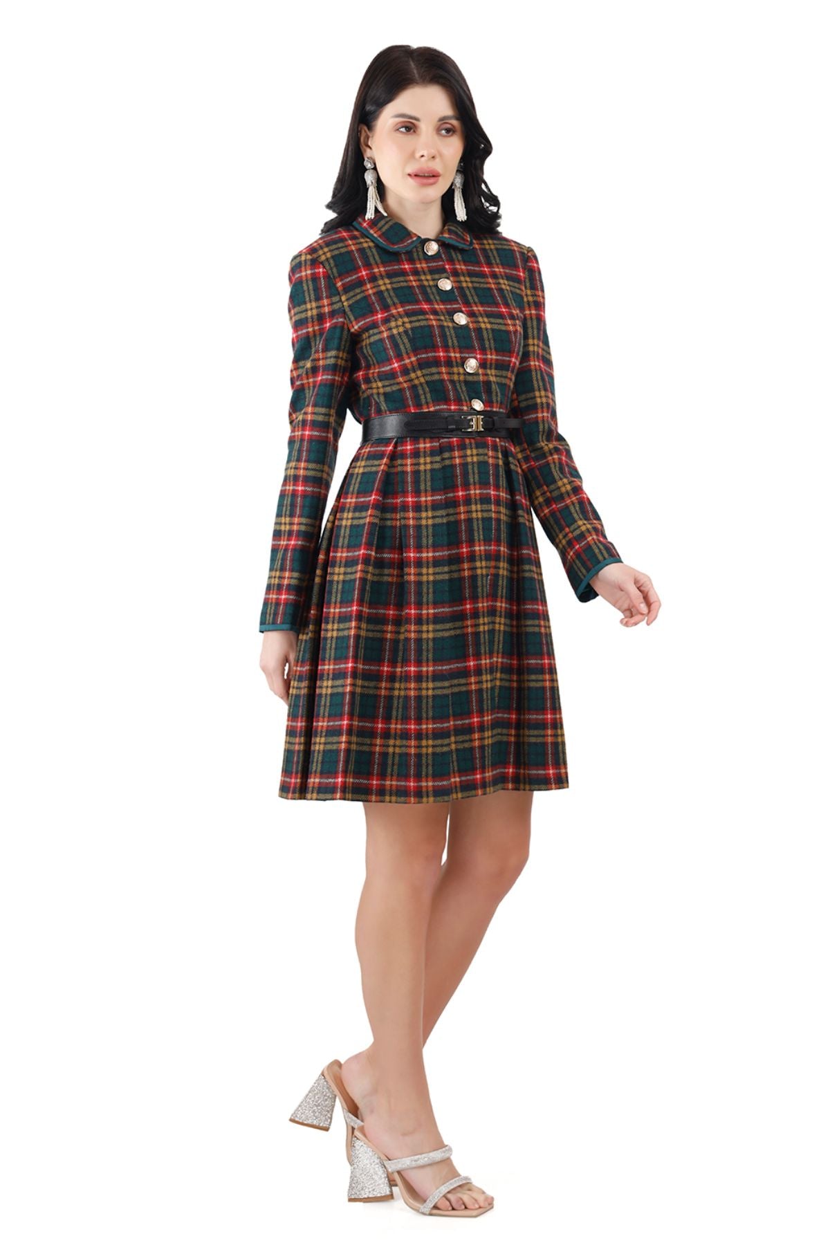 Peter pan Collar Pleated Coat Dress ( Green Orange Check)