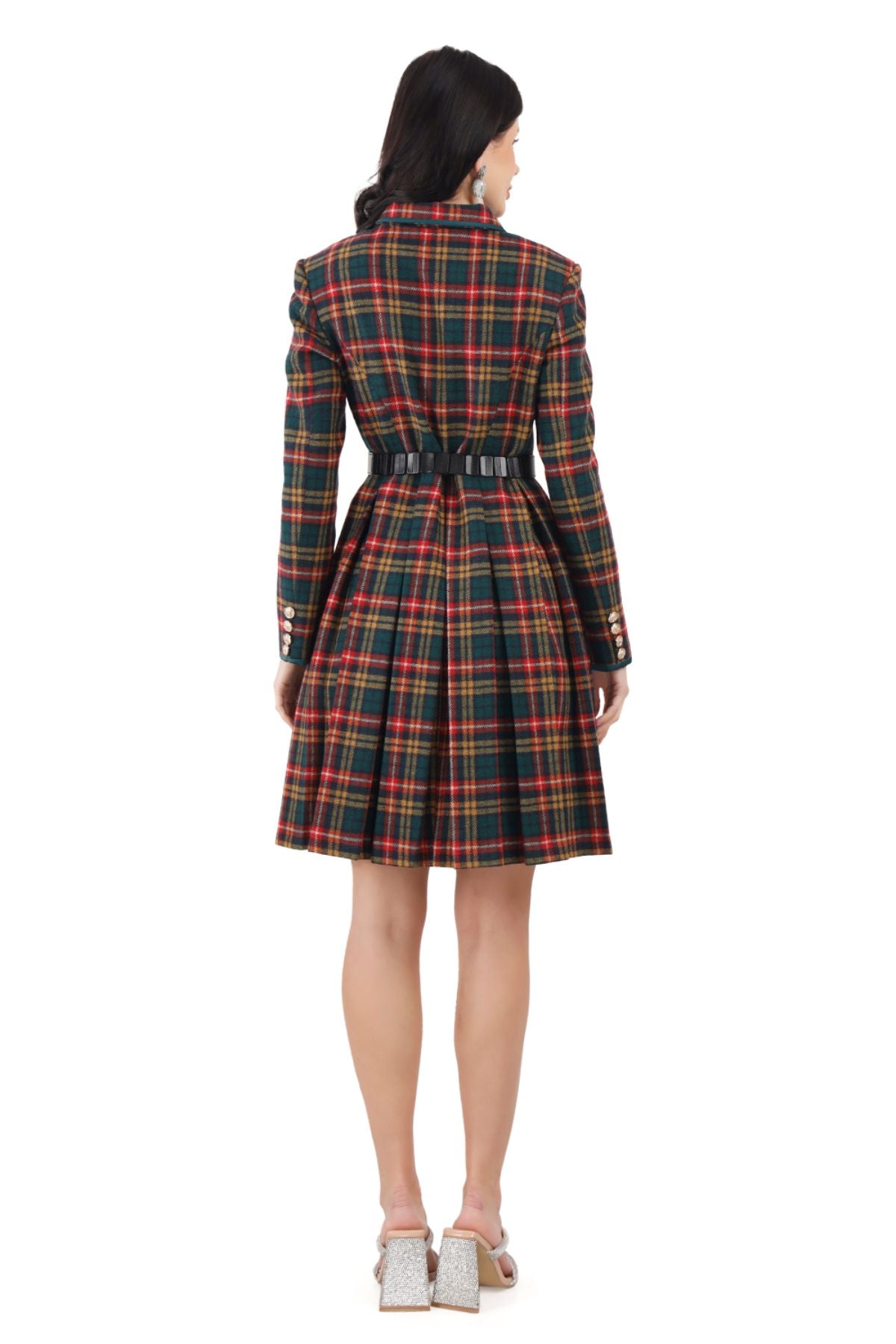 Peter pan Collar Pleated Coat Dress ( Green Orange Check)