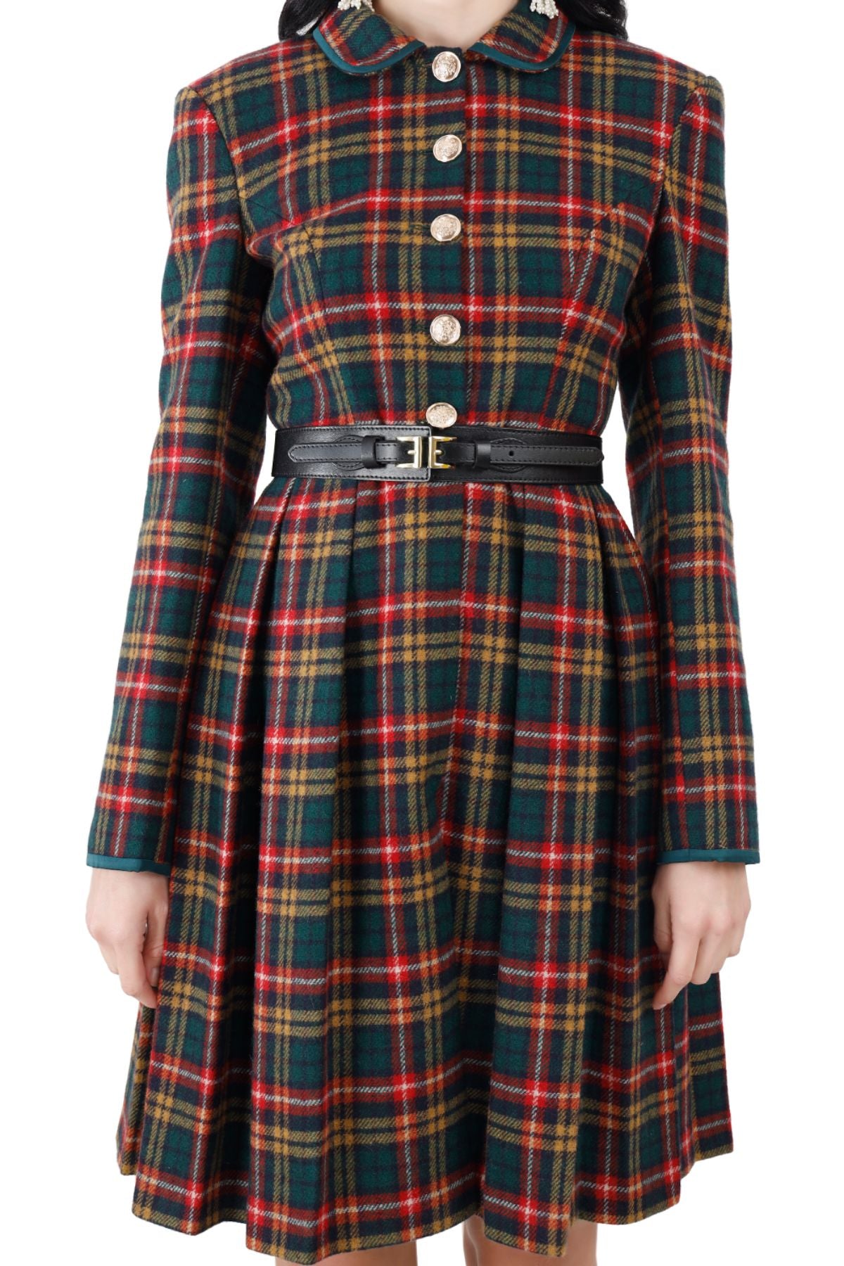 Peter pan Collar Pleated Coat Dress ( Green Orange Check)