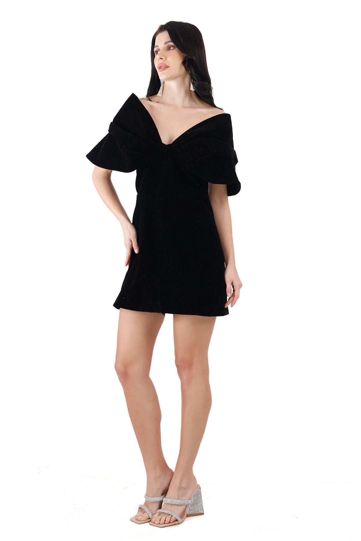 Black Velvet Exaggerated Shoulder Mini Dress