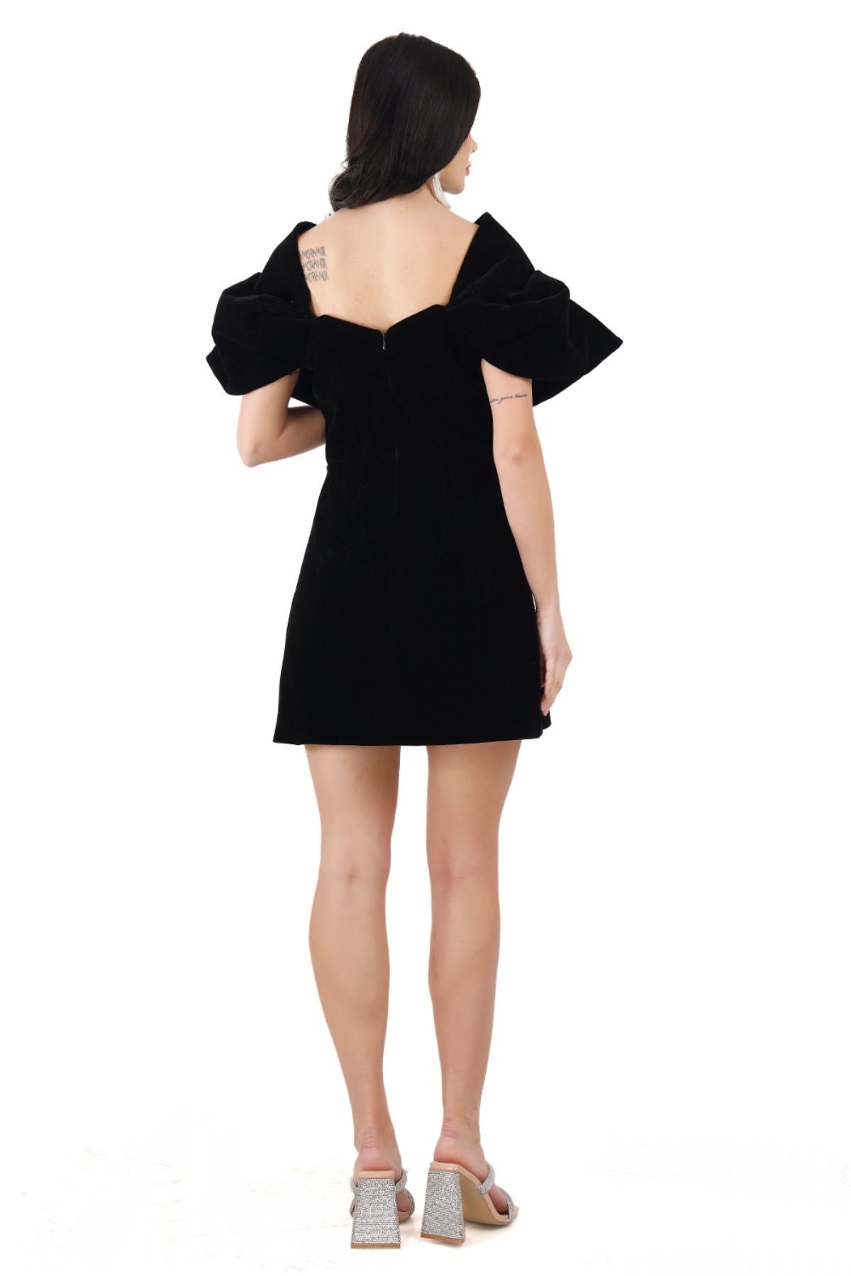 Black Velvet Exaggerated Shoulder Mini Dress