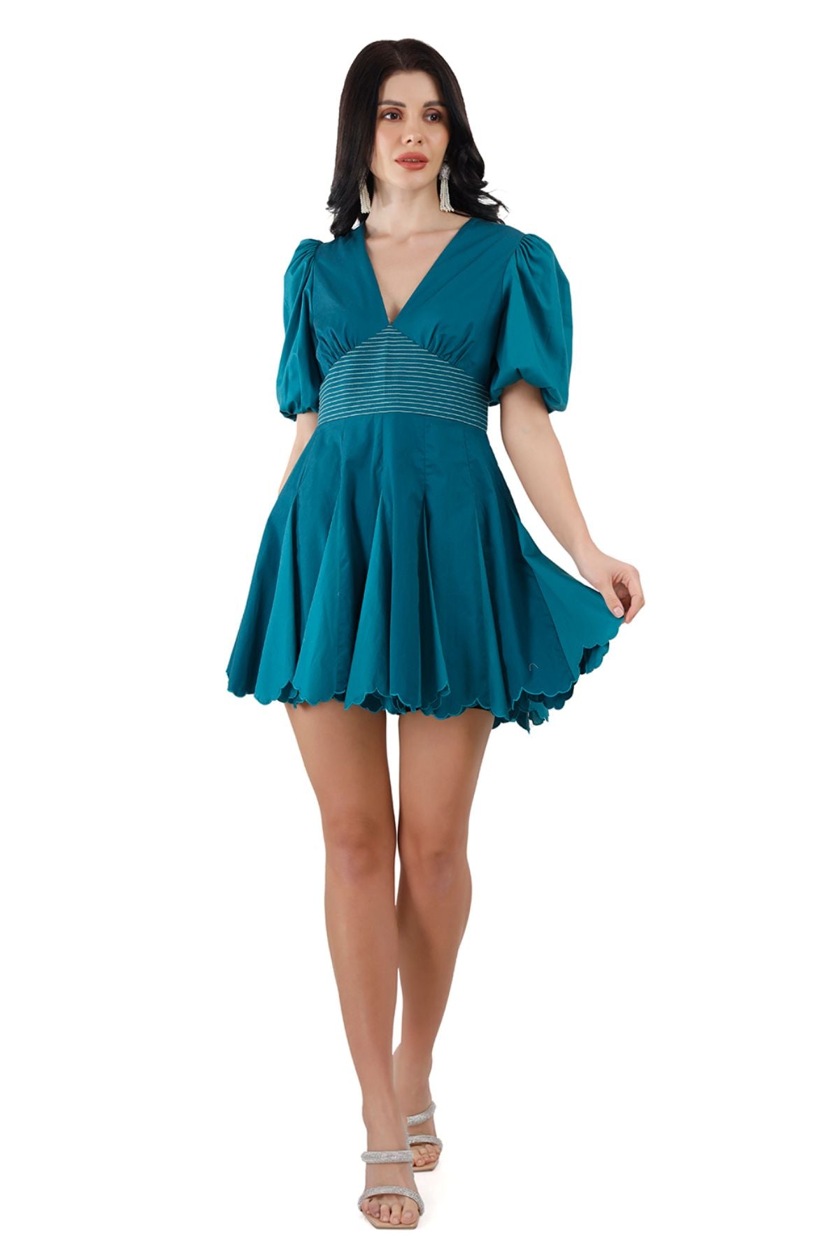 Puff Sleeved Pleated Skater Mini Dress