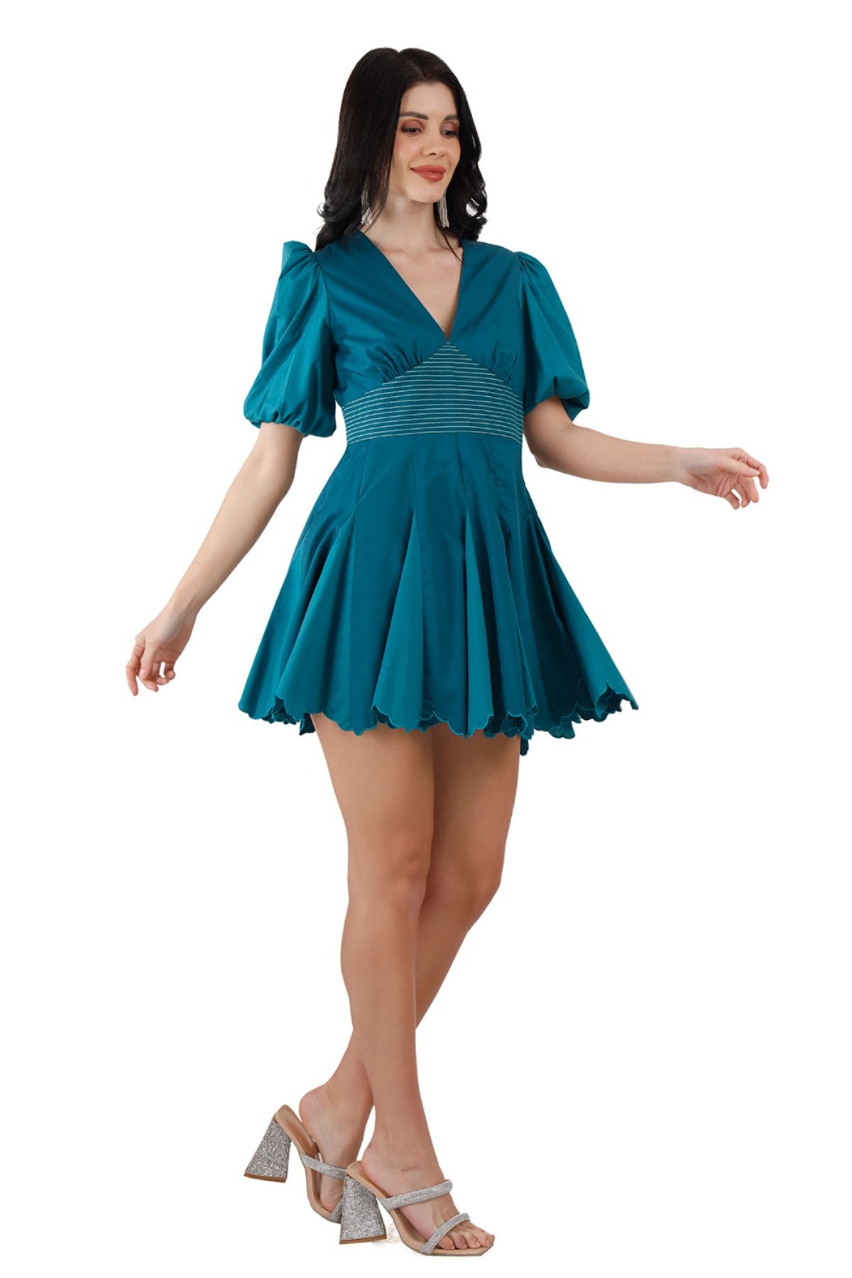 Puff Sleeved Pleated Skater Mini Dress