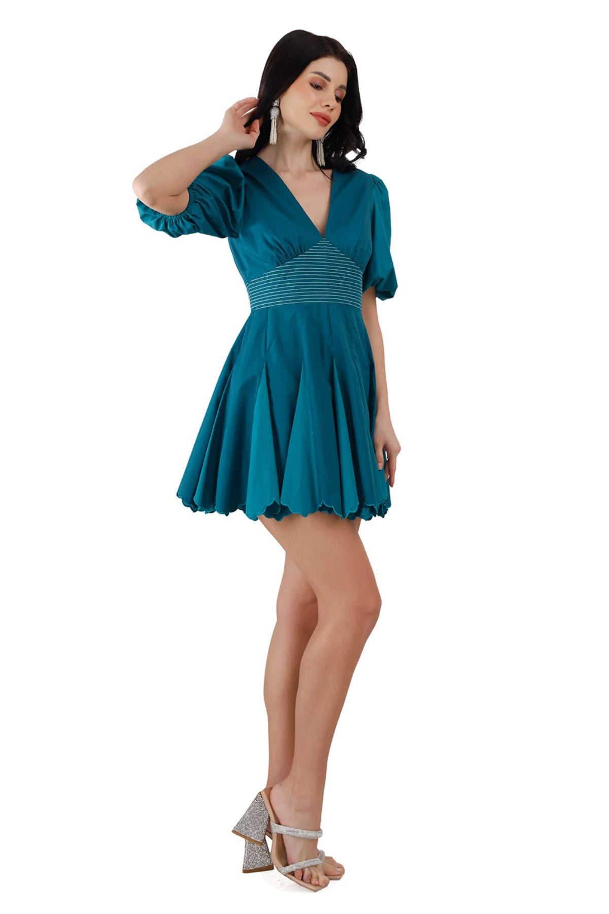 Puff Sleeved Pleated Skater Mini Dress