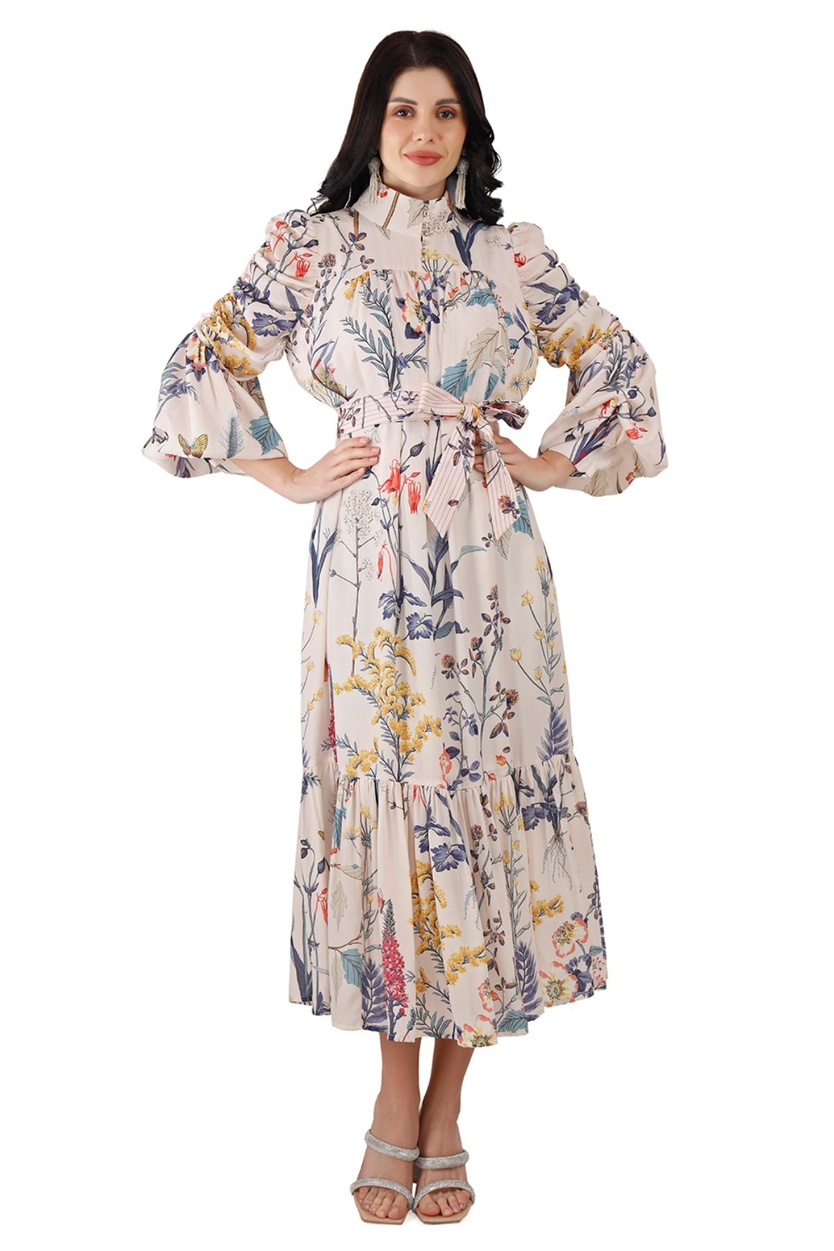 White Floral Ruched Sleeve Midi Dress