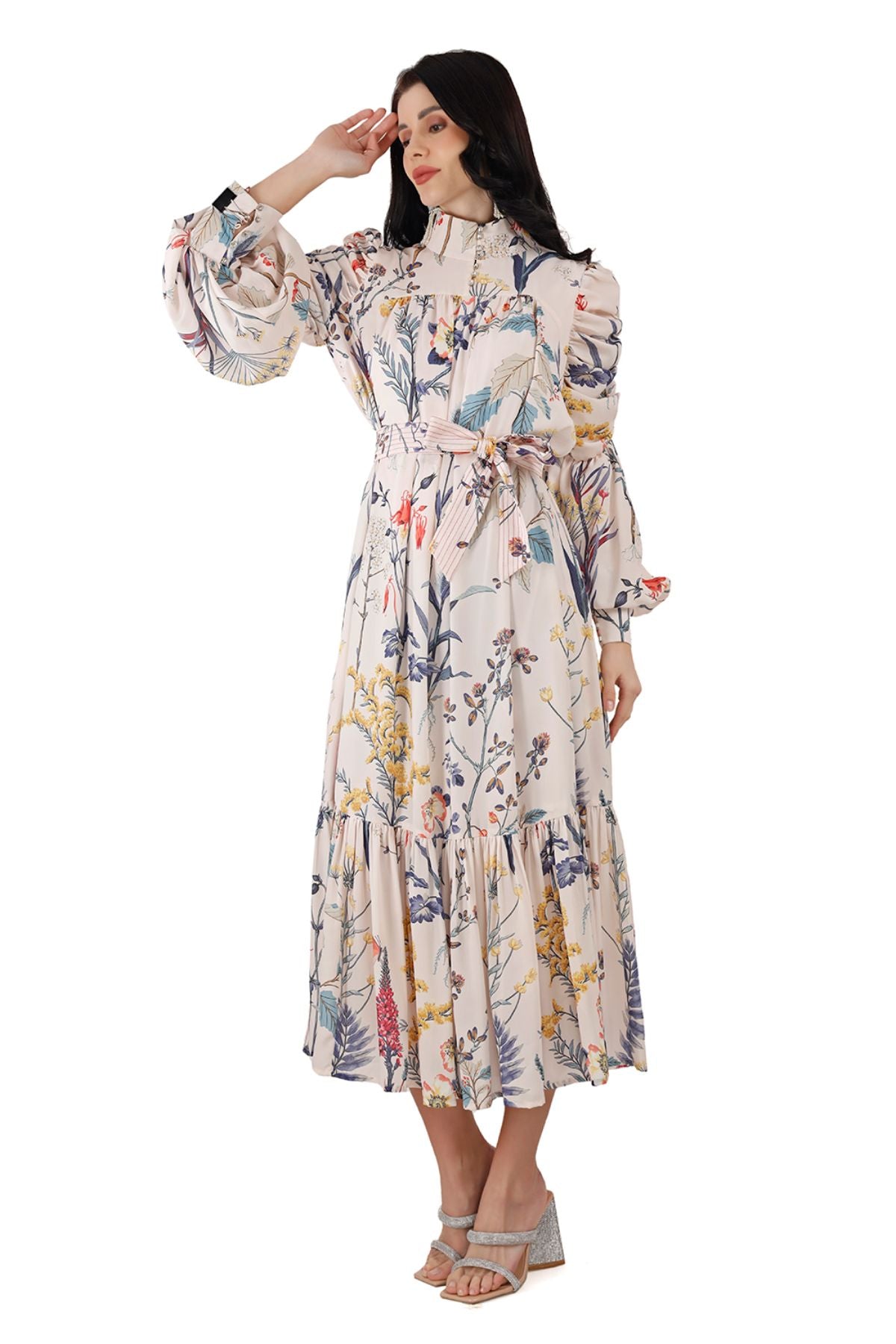 White Floral Ruched Sleeve Midi Dress