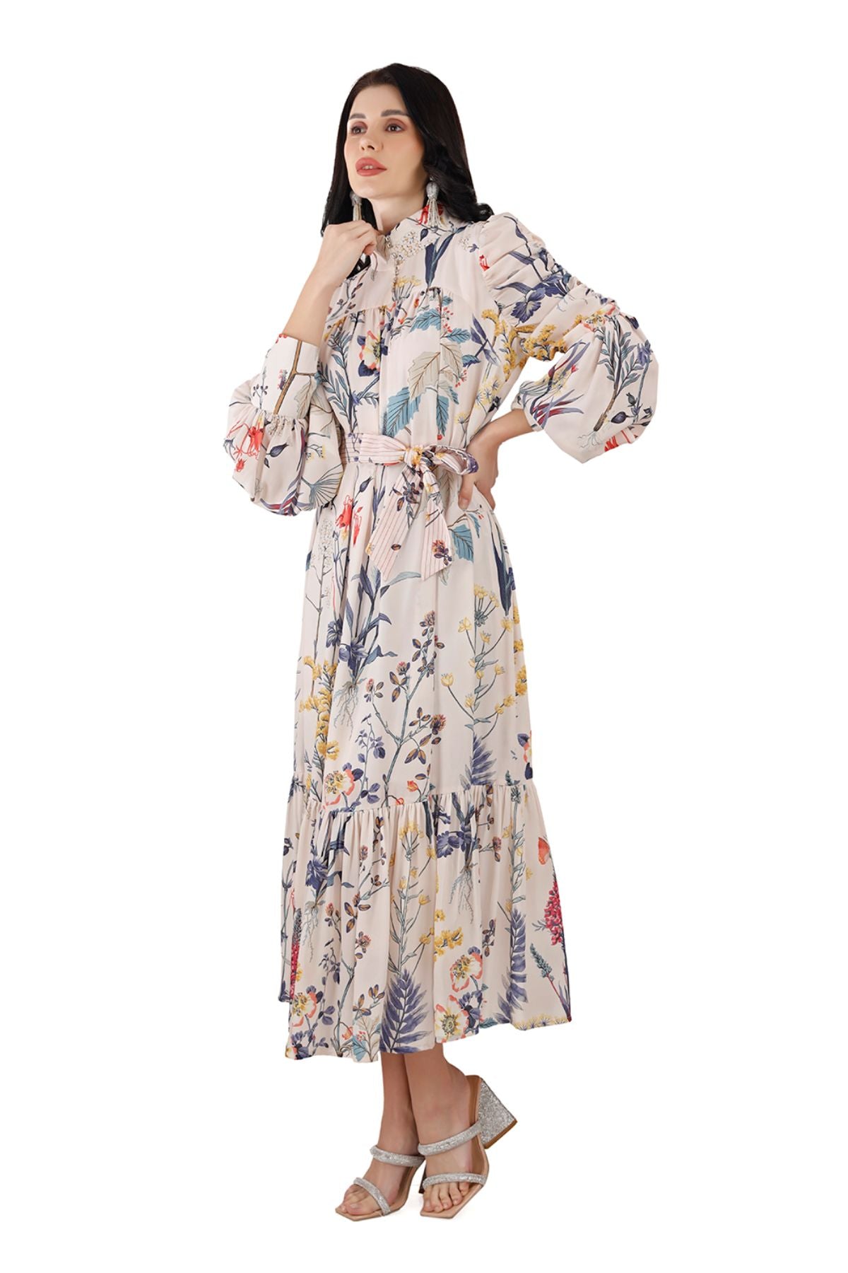 White Floral Ruched Sleeve Midi Dress