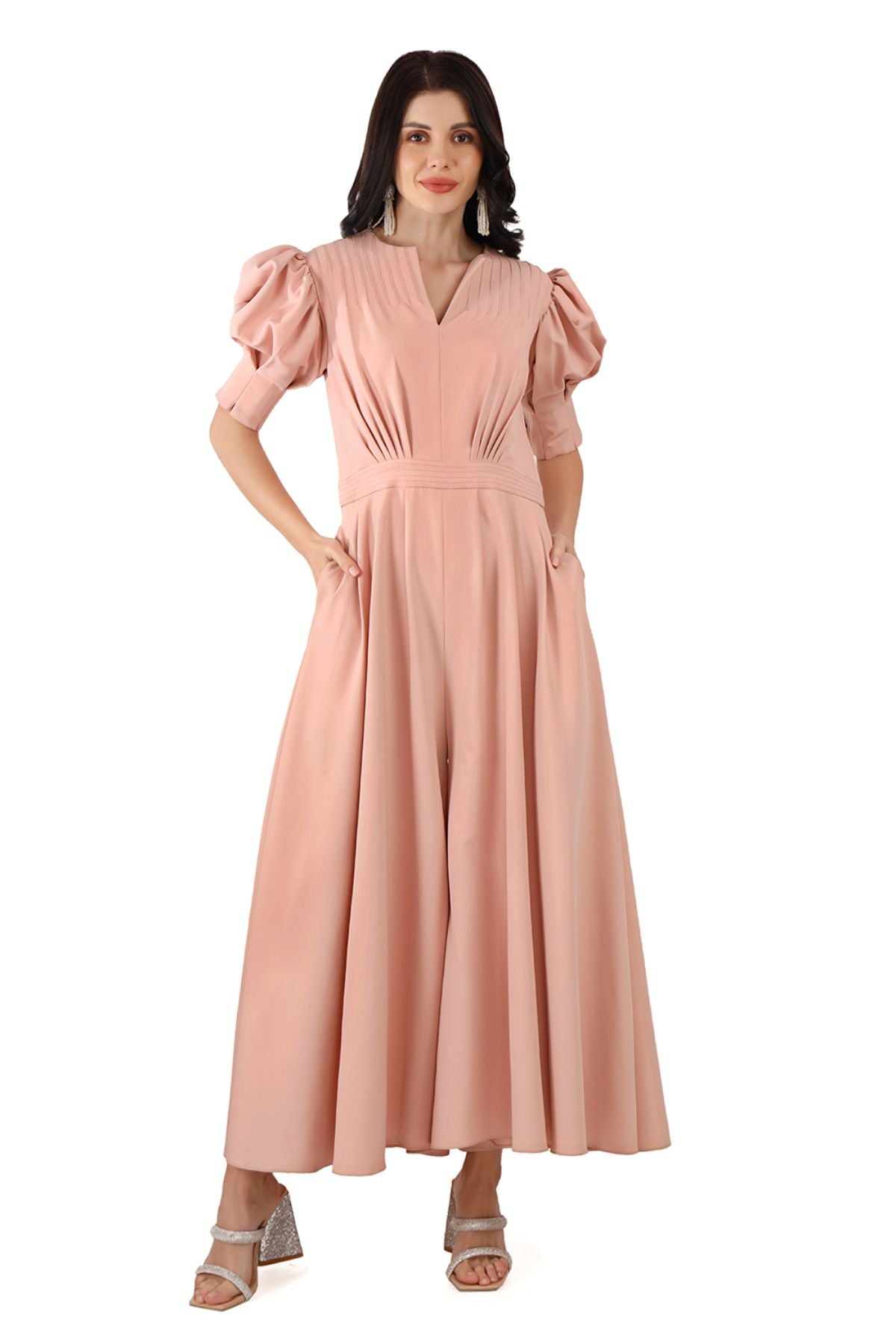 Pink Puff Sleeve Wide Leg Jumpsuit