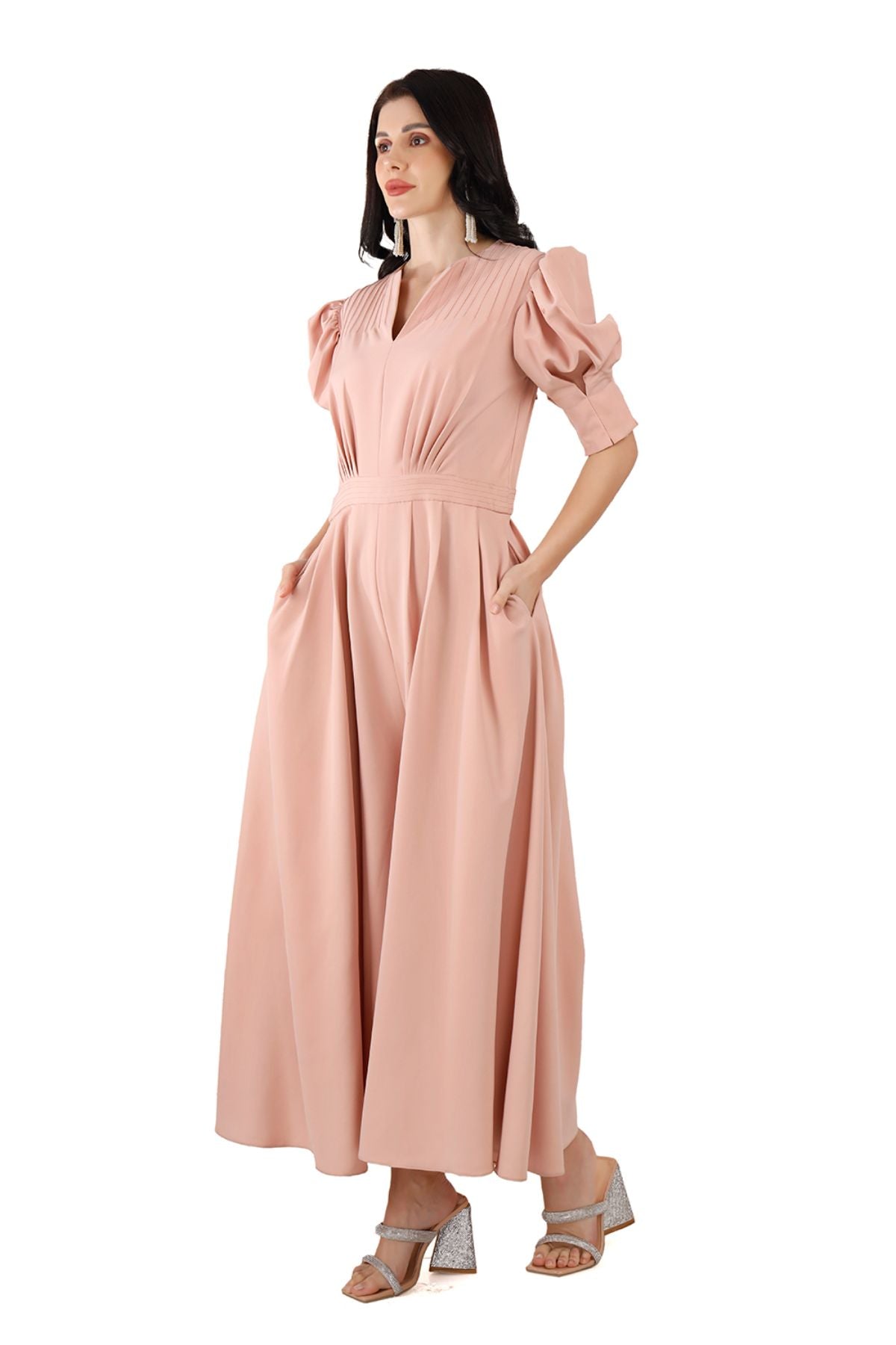 Pink Puff Sleeve Wide Leg Jumpsuit