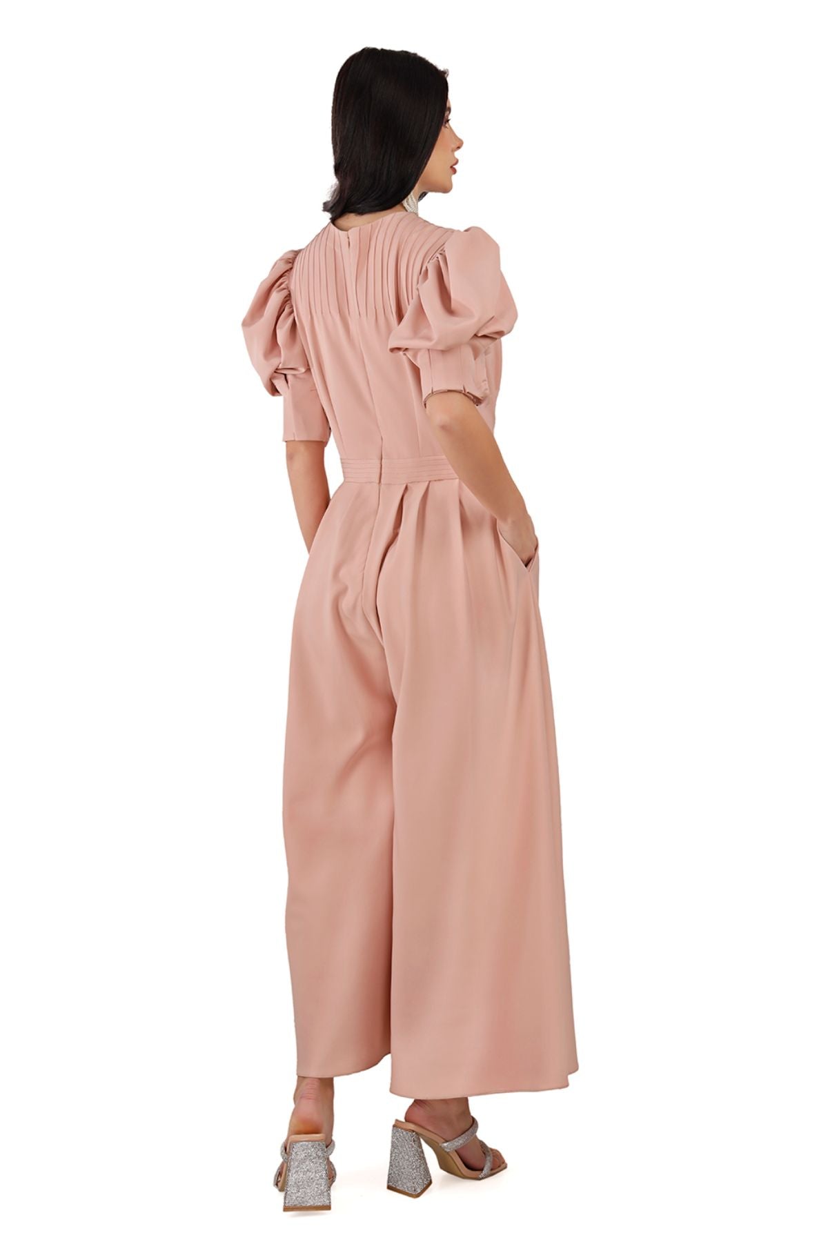 Pink Puff Sleeve Wide Leg Jumpsuit