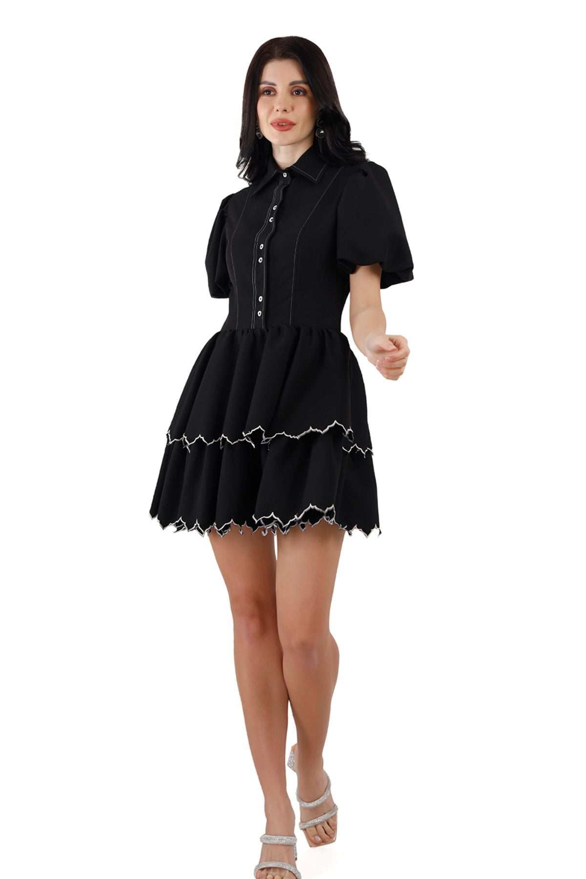 Black Twin Tier Edgy Scallop Mini Dress