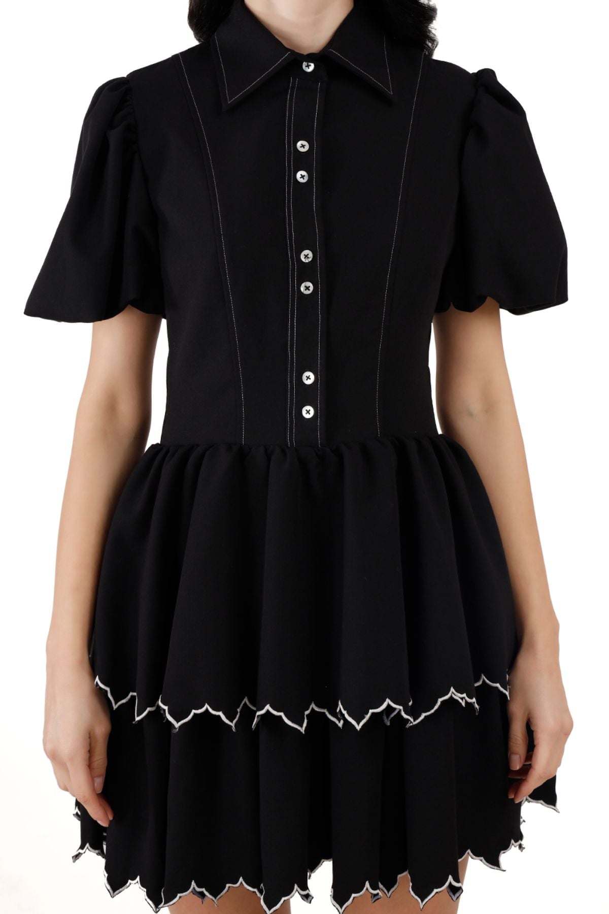 Black Twin Tier Edgy Scallop Mini Dress