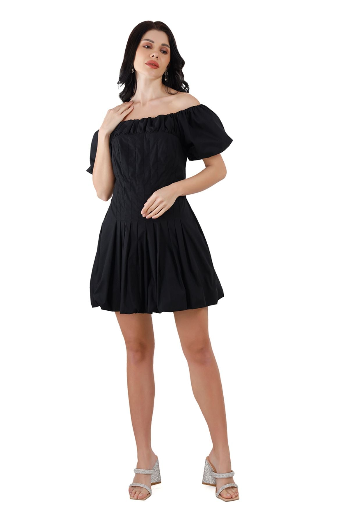 Black Wide/Off  Shoulder Cotton Balloon Hem Mini Dress