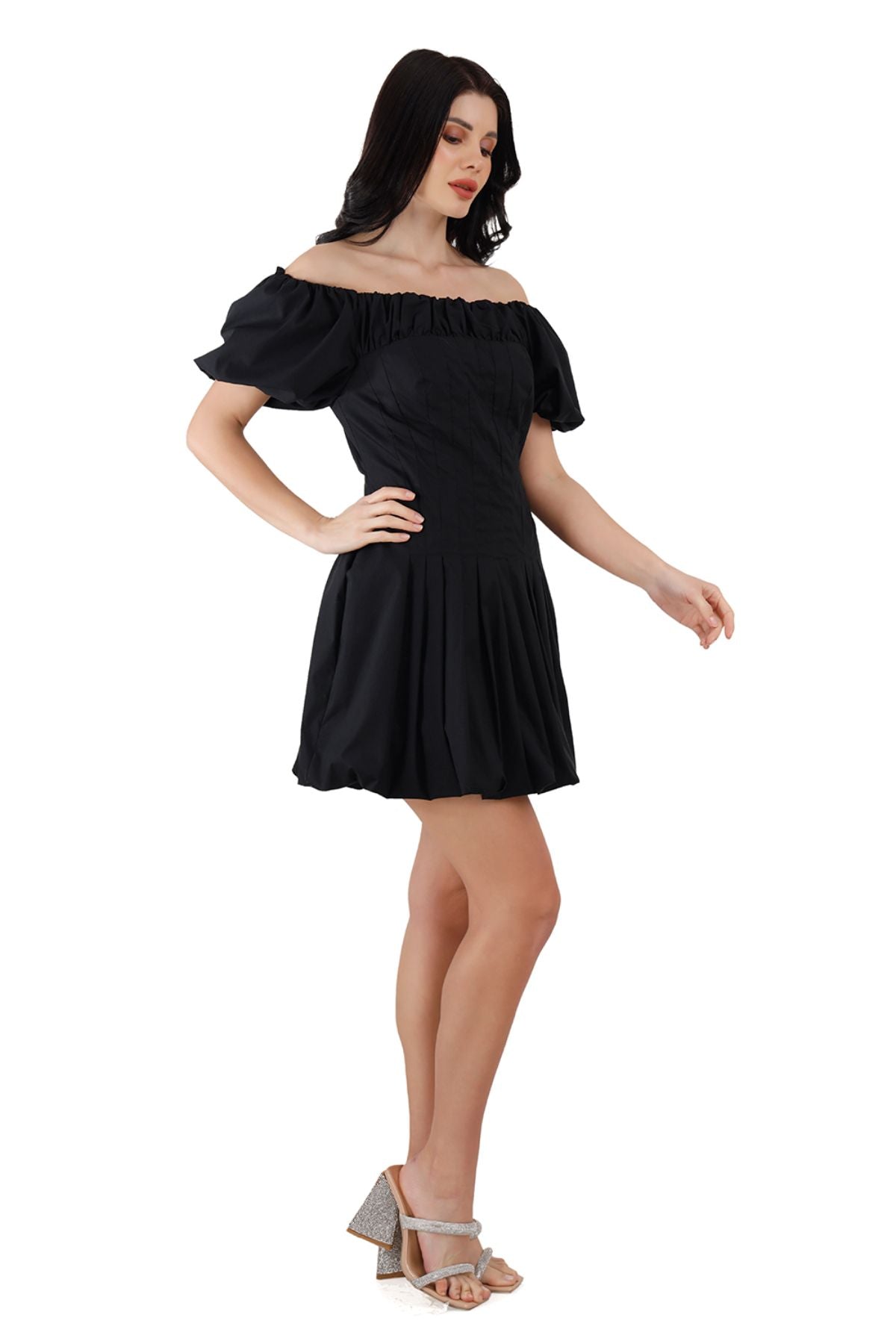 Black Wide/Off  Shoulder Cotton Balloon Hem Mini Dress