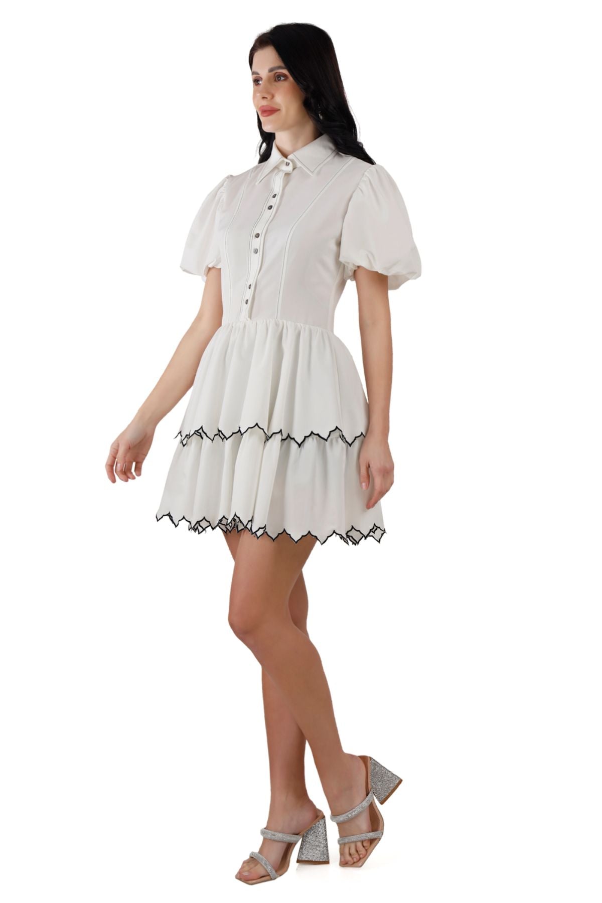 White Twin Tier Edgy Scallop Mini Dress