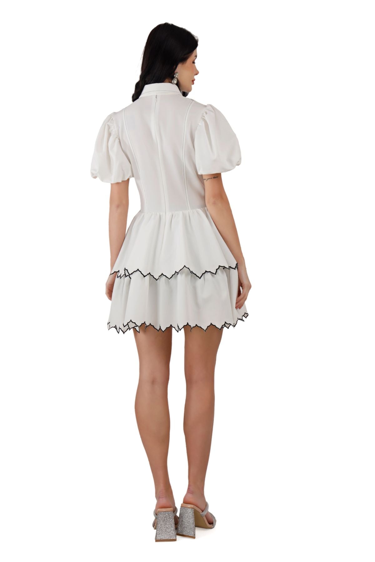 White Twin Tier Edgy Scallop Mini Dress