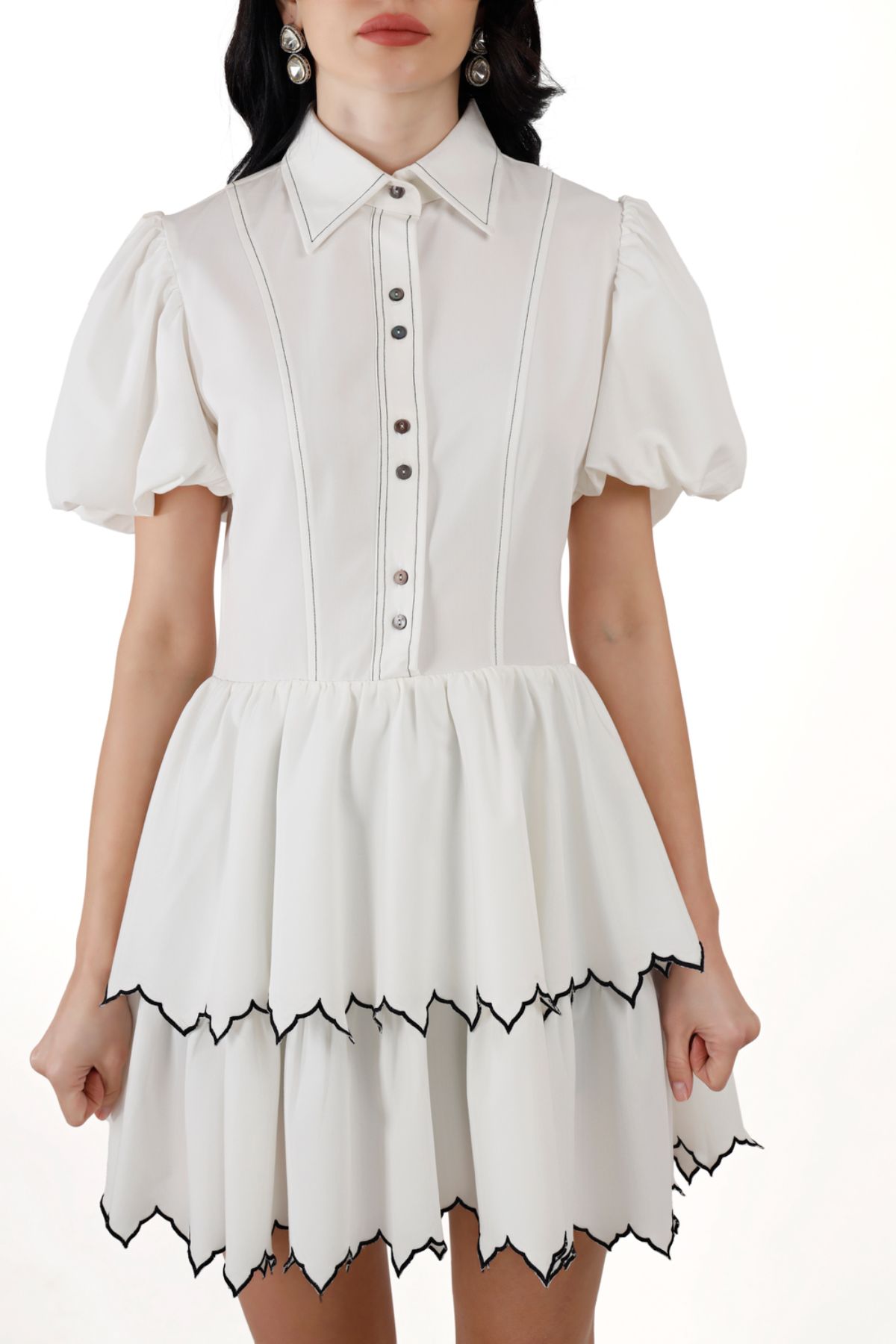 White Twin Tier Edgy Scallop Mini Dress