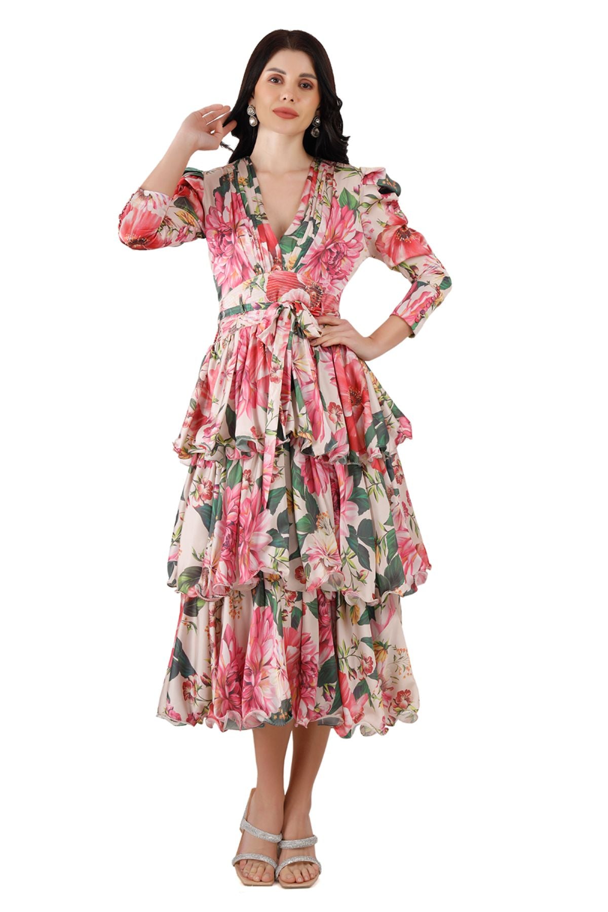 Pink Floral Triple Tier Midi Dress