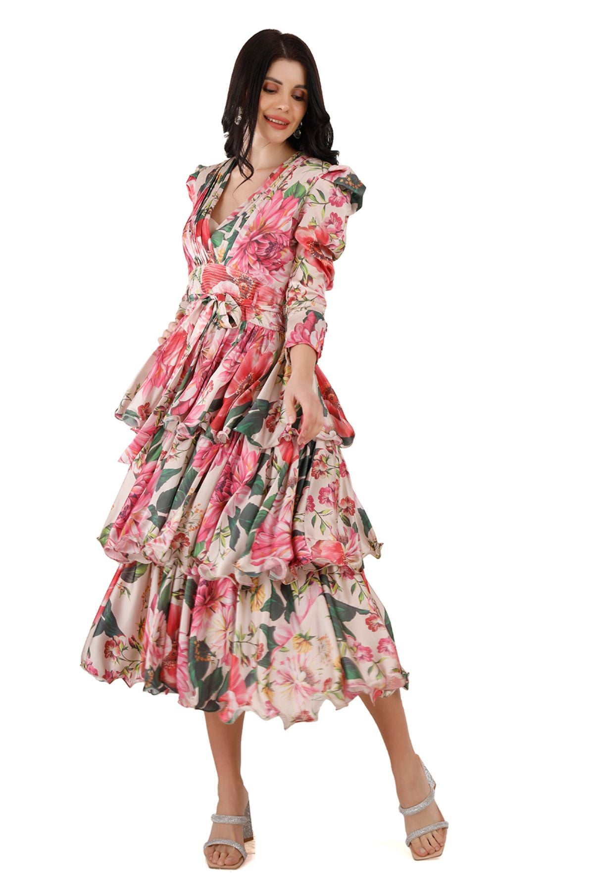 Pink Floral Triple Tier Midi Dress