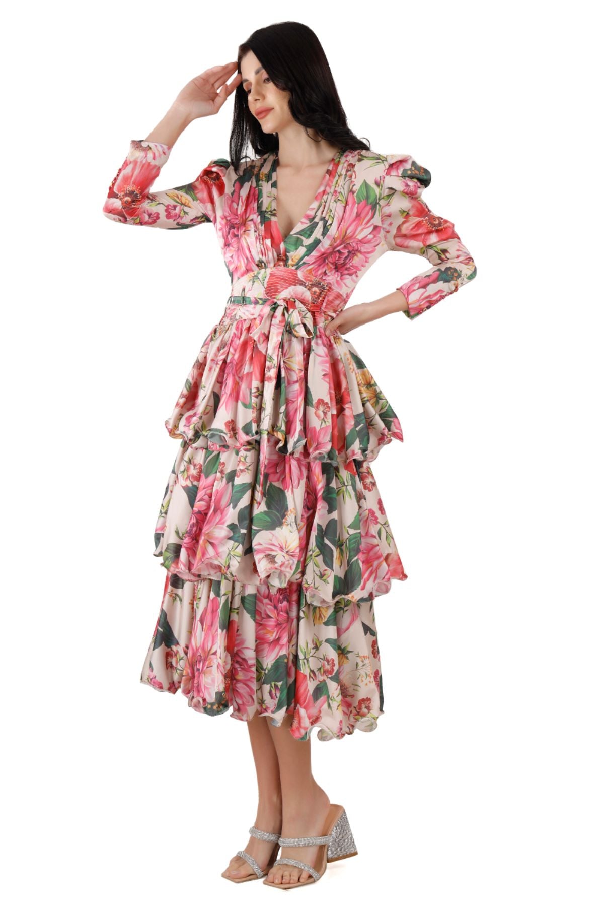 Pink Floral Triple Tier Midi Dress