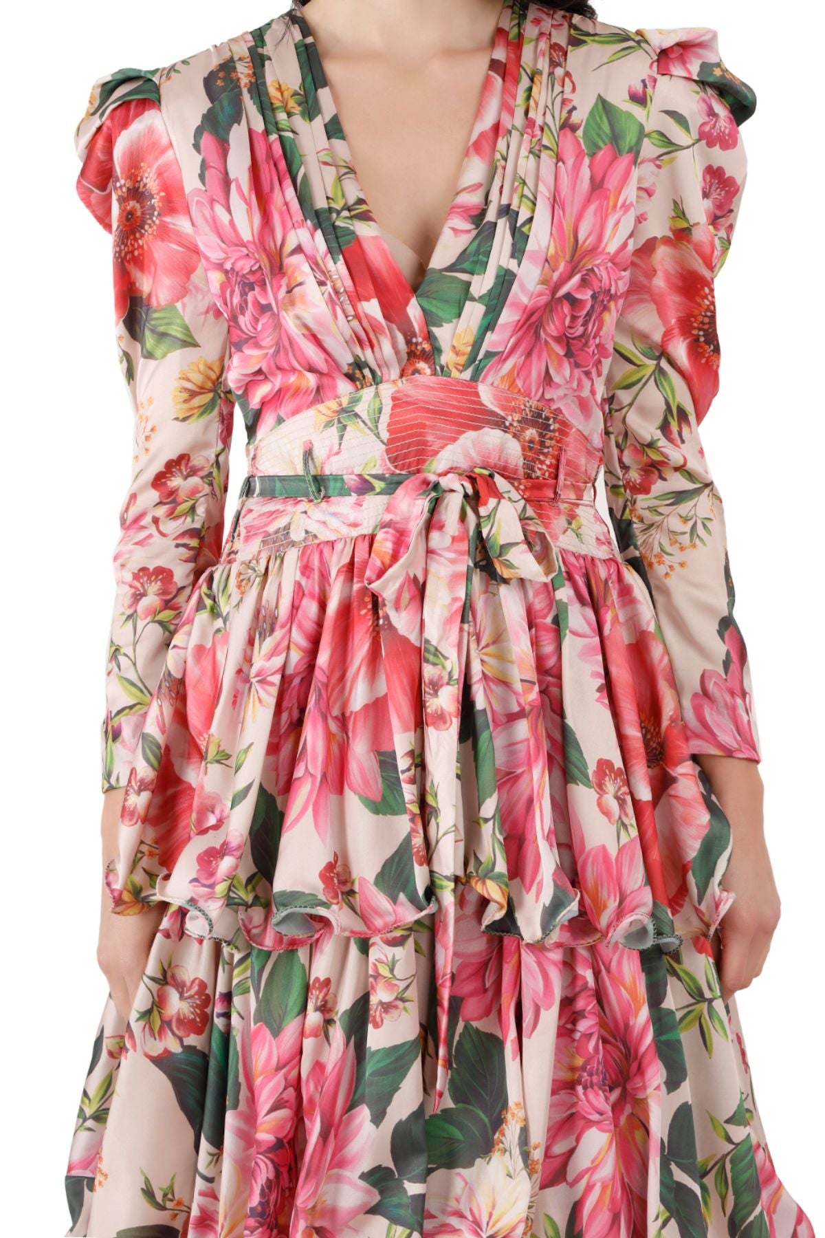 Pink Floral Triple Tier Midi Dress