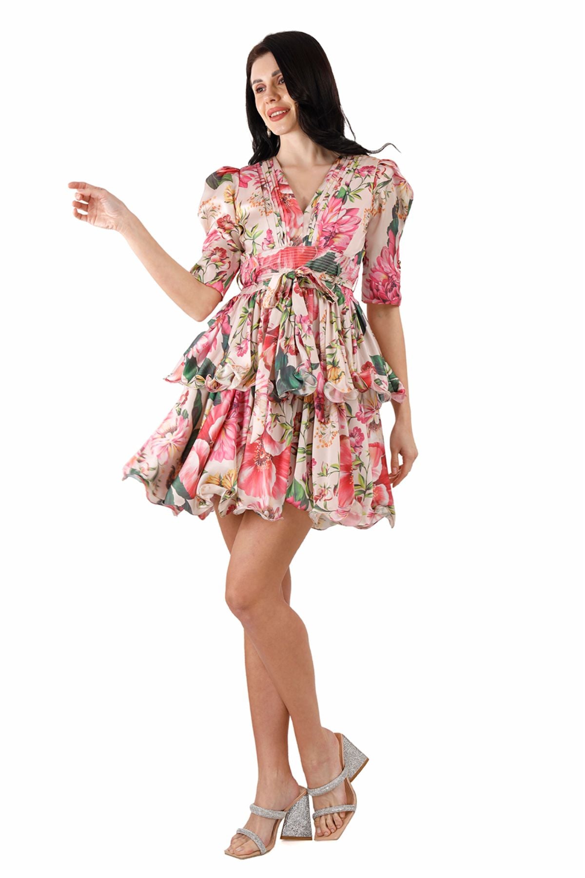 Pink Floral Satin Twin-Tier Mini Dress