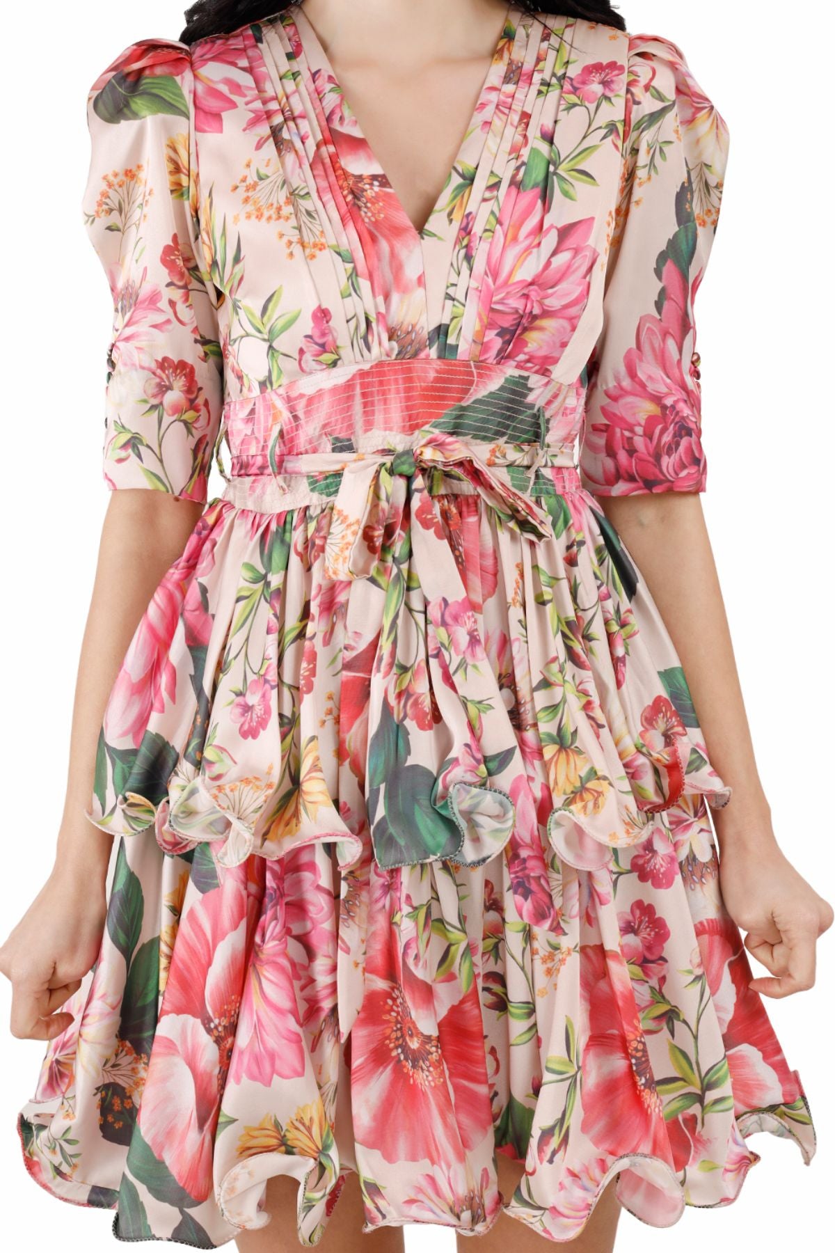 Pink Floral Satin Twin-Tier Mini Dress