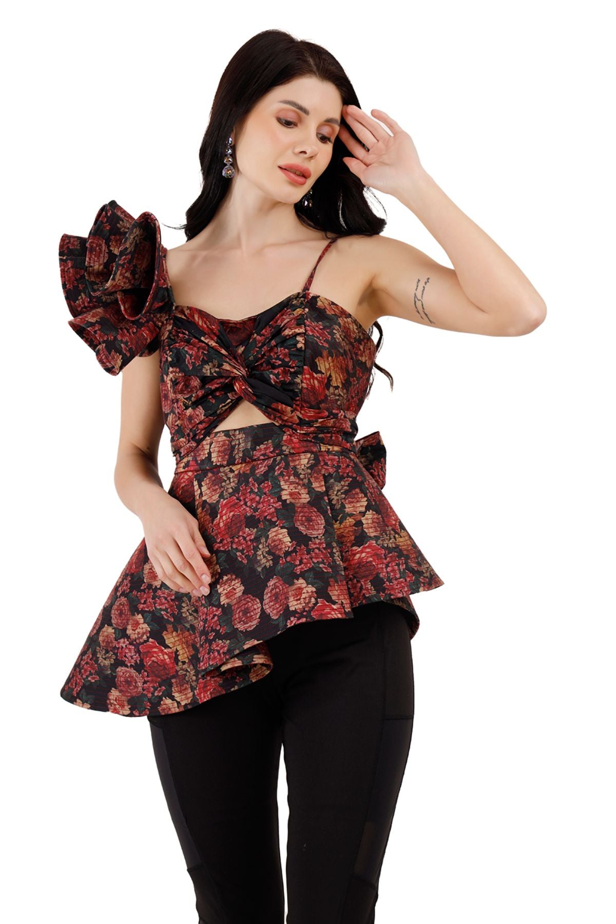 Inclined Ruffle Shoulder Asymmetric Peplum Top