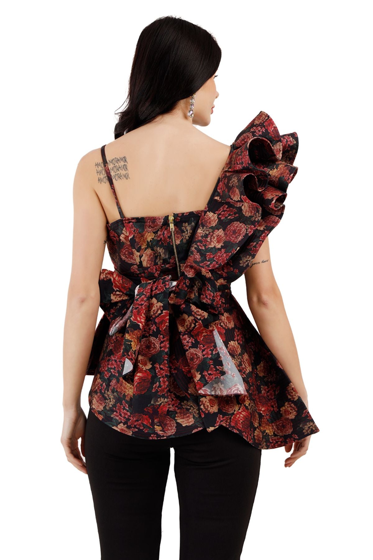 Inclined Ruffle Shoulder Asymmetric Peplum Top