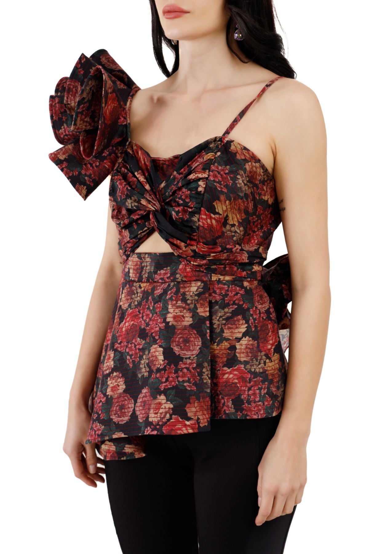 Inclined Ruffle Shoulder Asymmetric Peplum Top