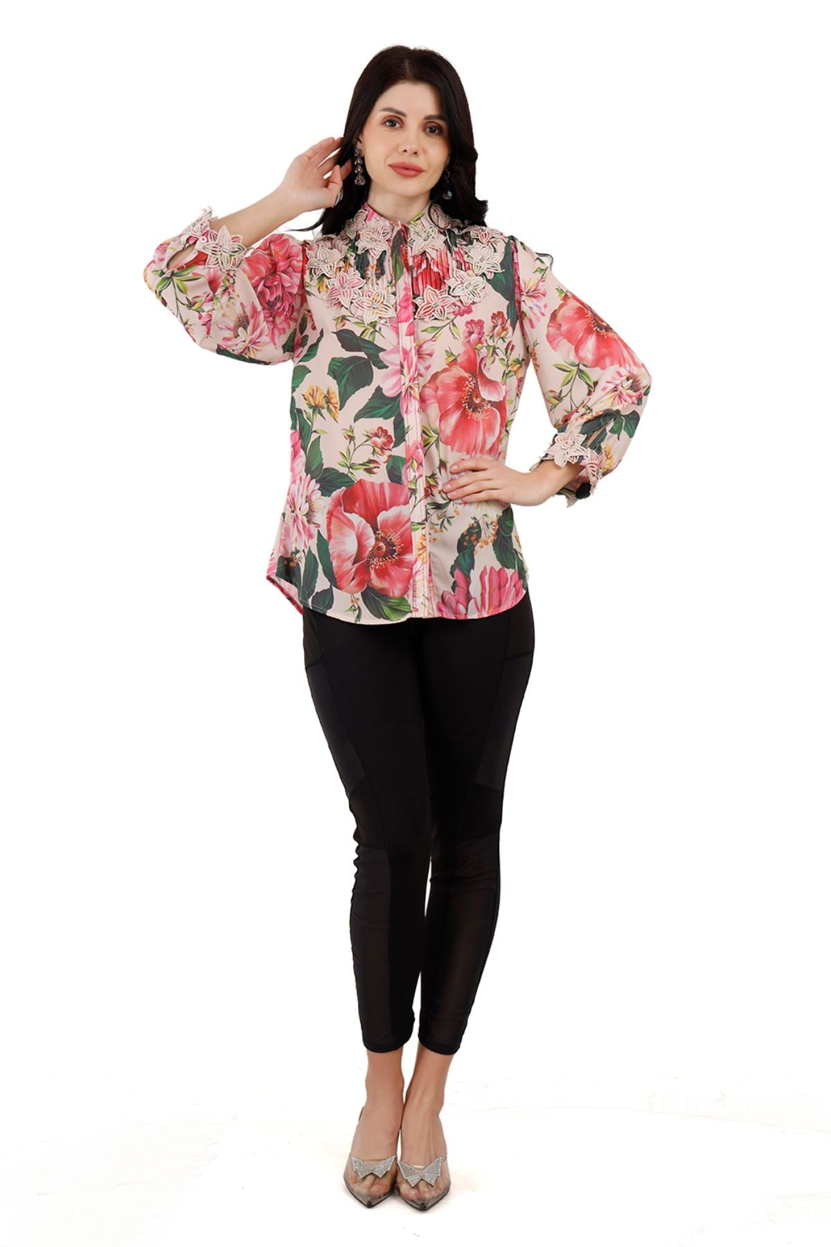 Floral Pintucked Shirt with Applique Collar