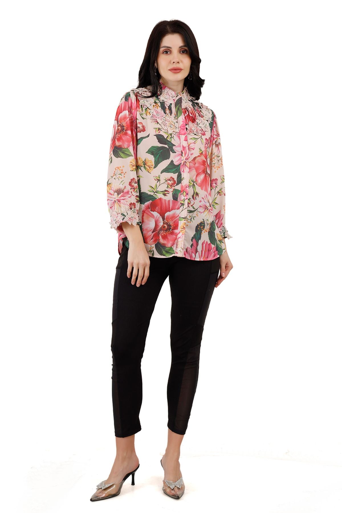 Floral Pintucked Shirt with Applique Collar